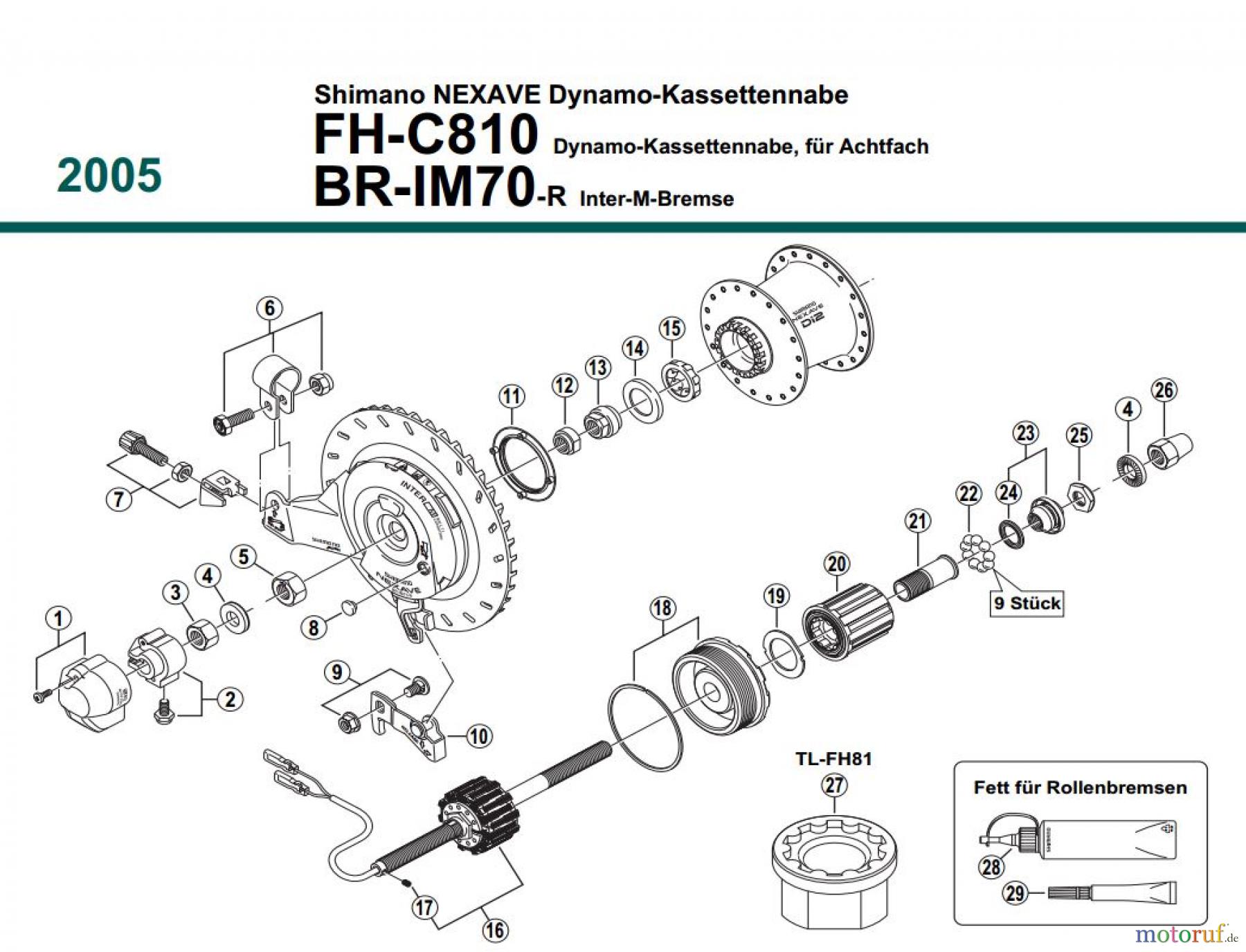  Shimano FH Free Hub - Freilaufnabe FH-C810, BR-IM70-R, 2005 Shimano NEXAVE Dynamo-Kassettennabe 8-fach