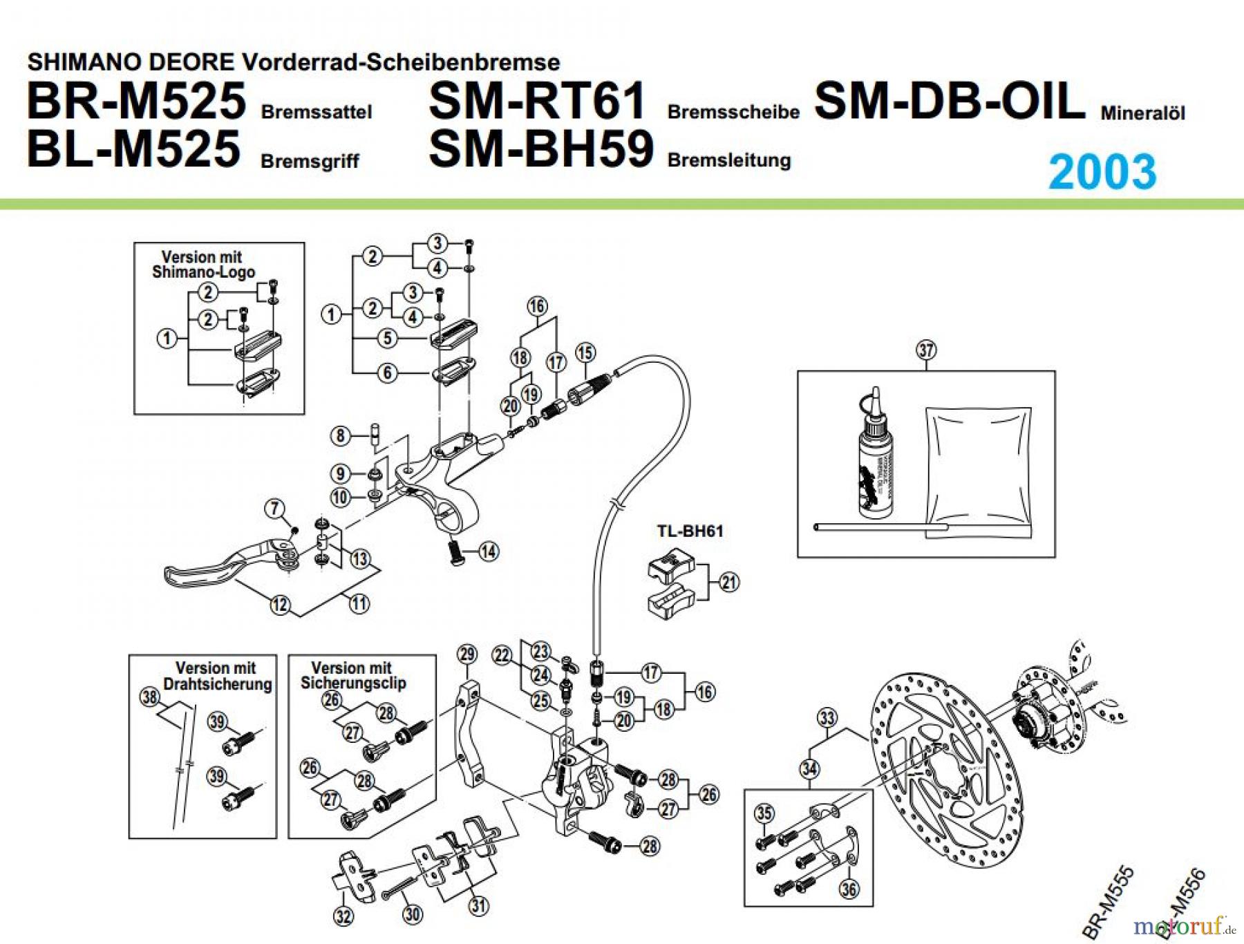  Shimano BR Brake - Bremse BR-M525, BL-M525 von 2003 SHIMANO DEORE Vorderrad-Scheibenbremse