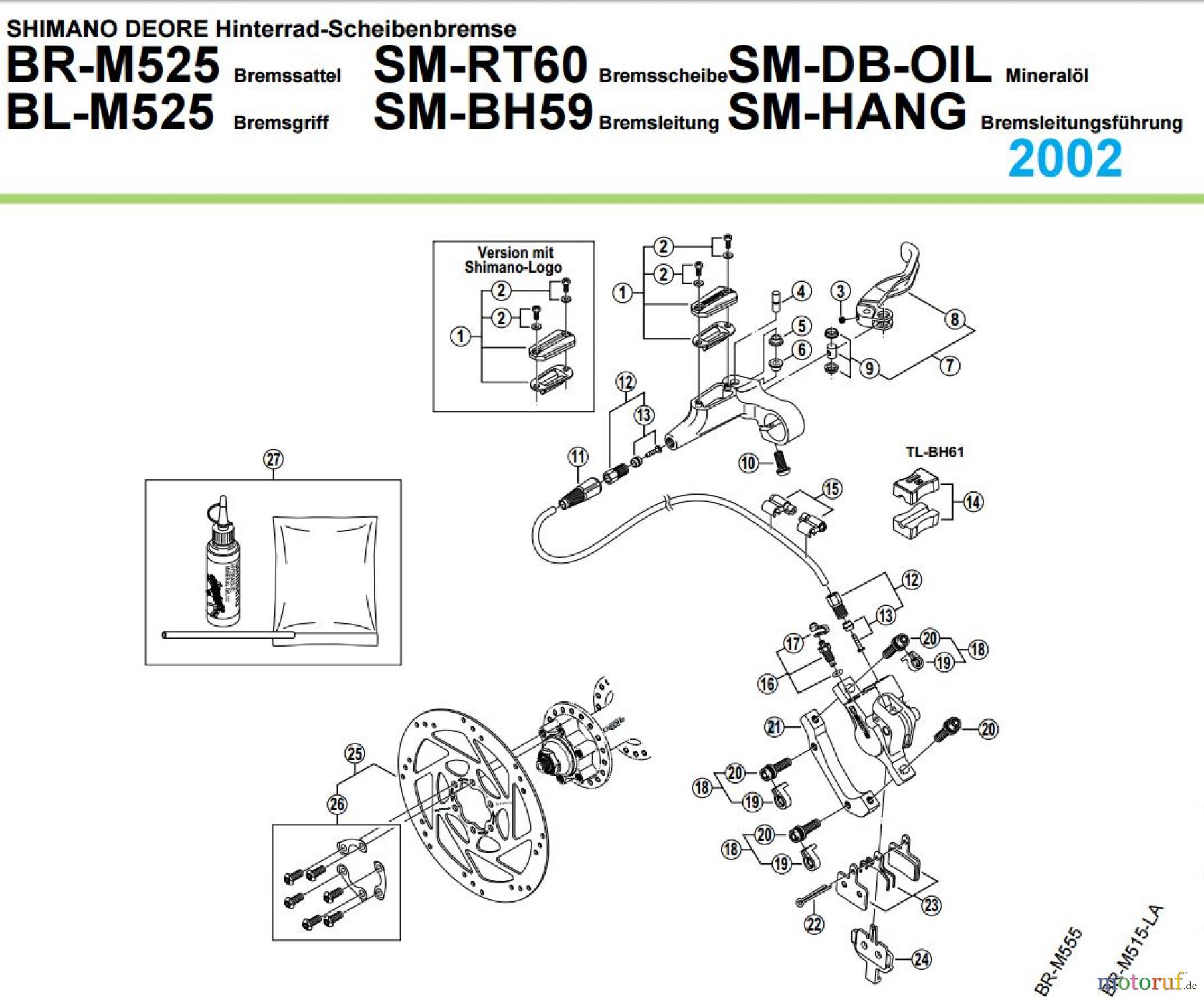  Shimano BR Brake - Bremse BR-M525, BL-M525 von 2002 SHIMANO DEORE Hinterrad-Scheibenbremse