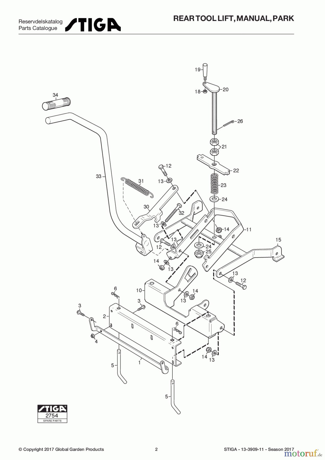  Stiga Frontmäher Anbau 2017 Front Mower REAR TOOL LIFT, MANUAL, PARK 13-3909-11 - Season 2017