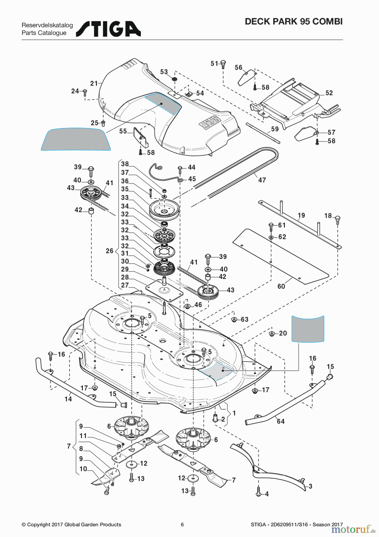  Stiga Frontmäher Mähdecks Baujahr 2017 Deck Park 95 Combi 2D6209511/S16 - Season 2017 Transmission and Blades