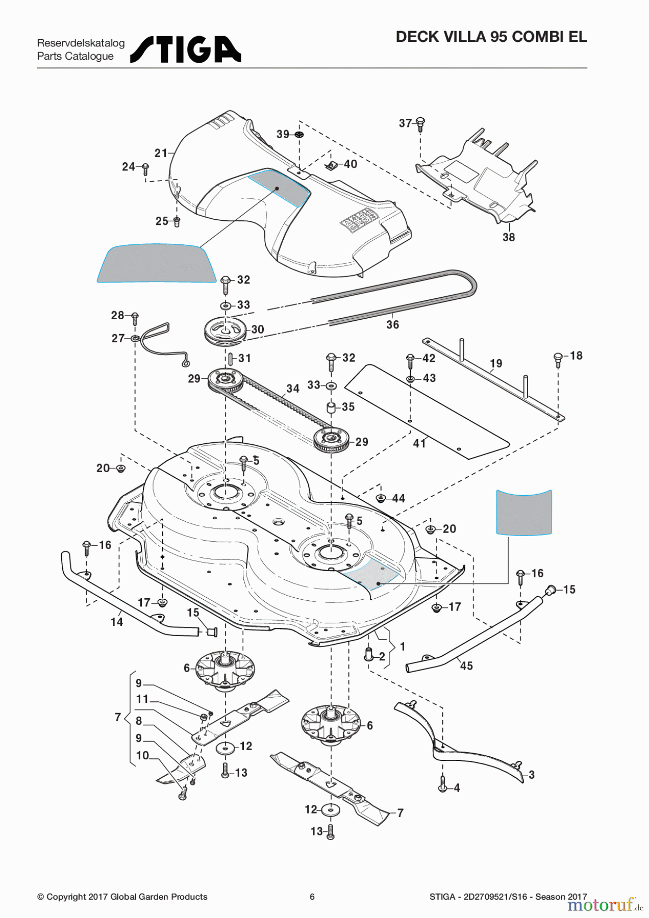  Stiga Frontmäher Mähdecks Baujahr 2017 Deck Villa 95 Combi EL 2D2709521/S16 - Season 2017 Transmission and Blades