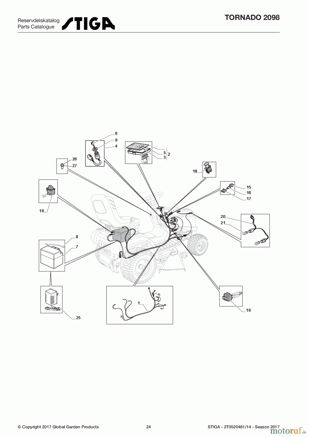  Stiga Rasentraktoren Estate, Tornado tractors 98 cm Seitenauswurf 2017 TORNADO 2098 2T0520481/14 - Season 2017 Electrical Parts