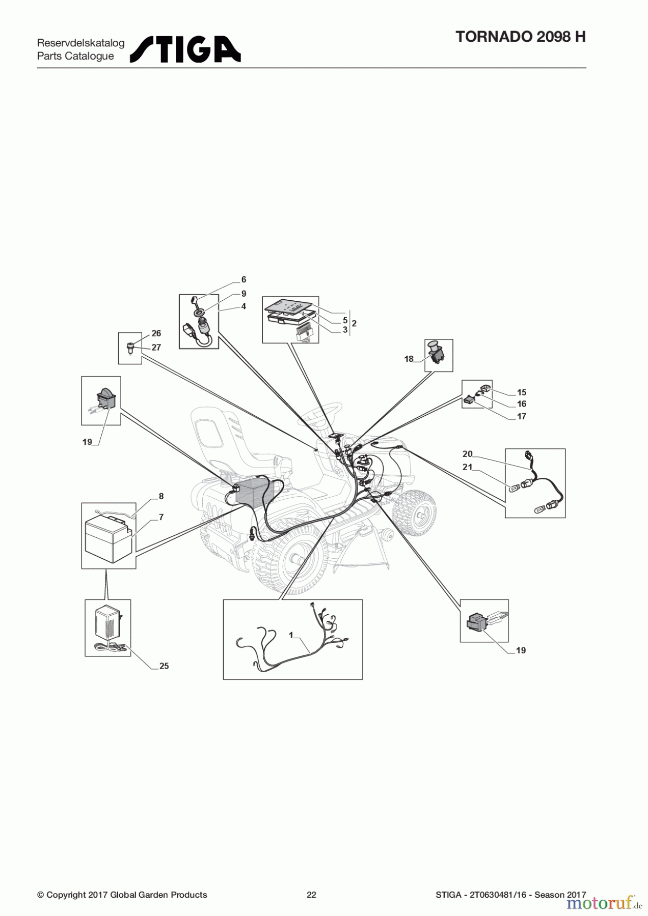  Stiga Aufsitzmäher Baujahr 2017 TORNADO 2098 H 2T0630481/16 - Season 2017 Electrical Parts