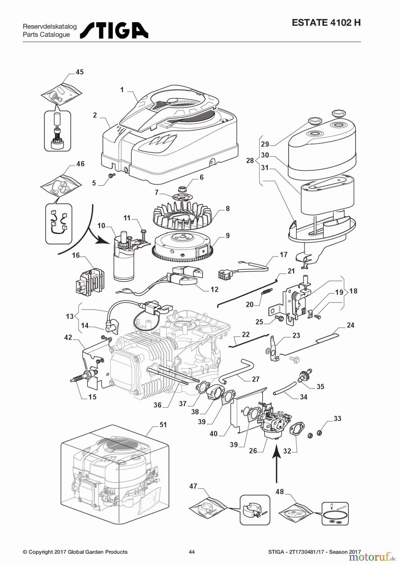  Stiga Rasentraktoren Estate, Tornado tractors 102 cm Sammelfunktion Baujahr 2017 ESTATE 4102 H 2T1730481/17 - Season 2017 Engine - Carburettor, Air Cleaner Assy