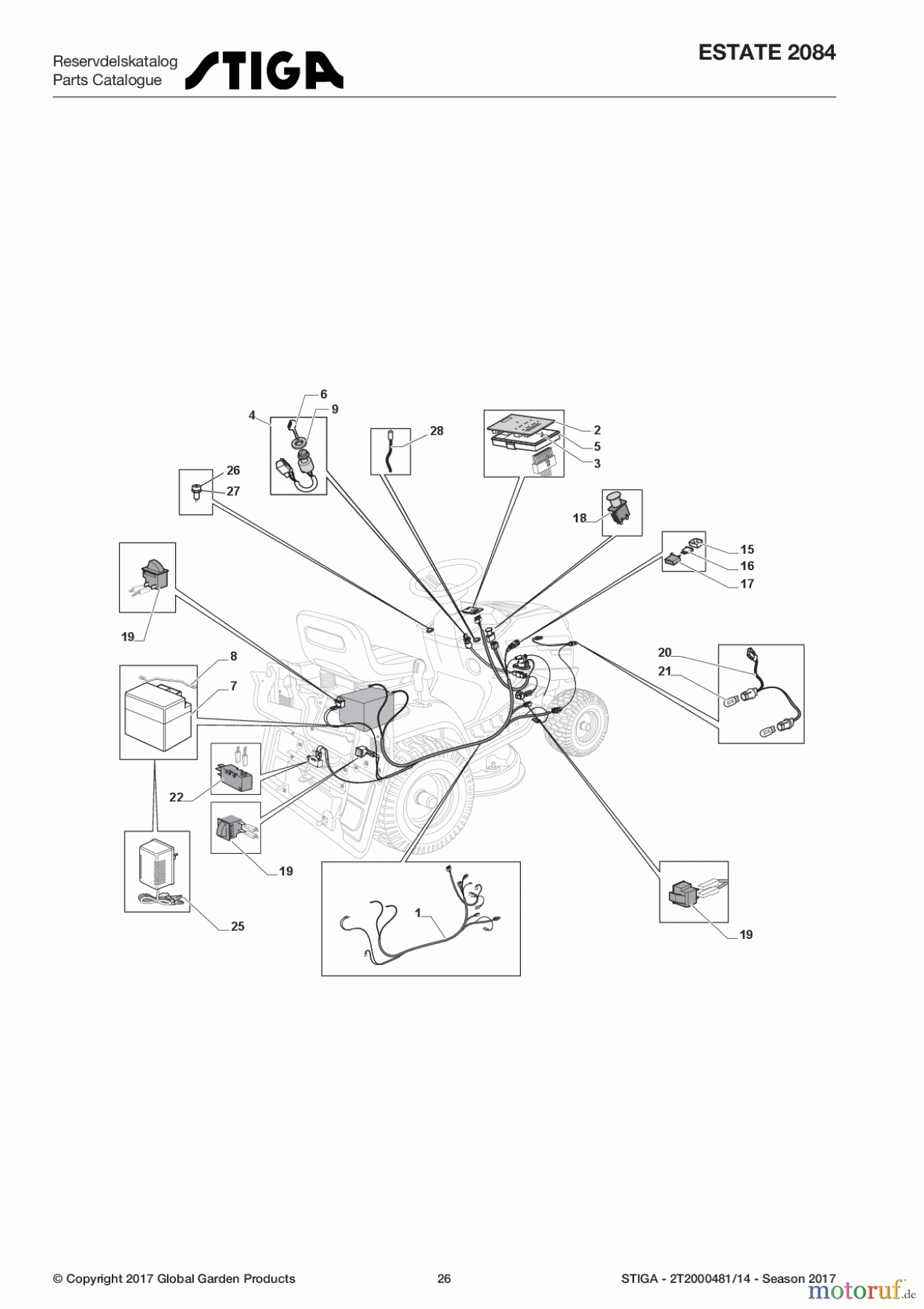  Stiga Rasentraktoren Estate, Tornado tractors 84 cm Sammelfunktion 2017 ESTATE 2084 2T2000481/14 - Season 2017 Electrical Parts