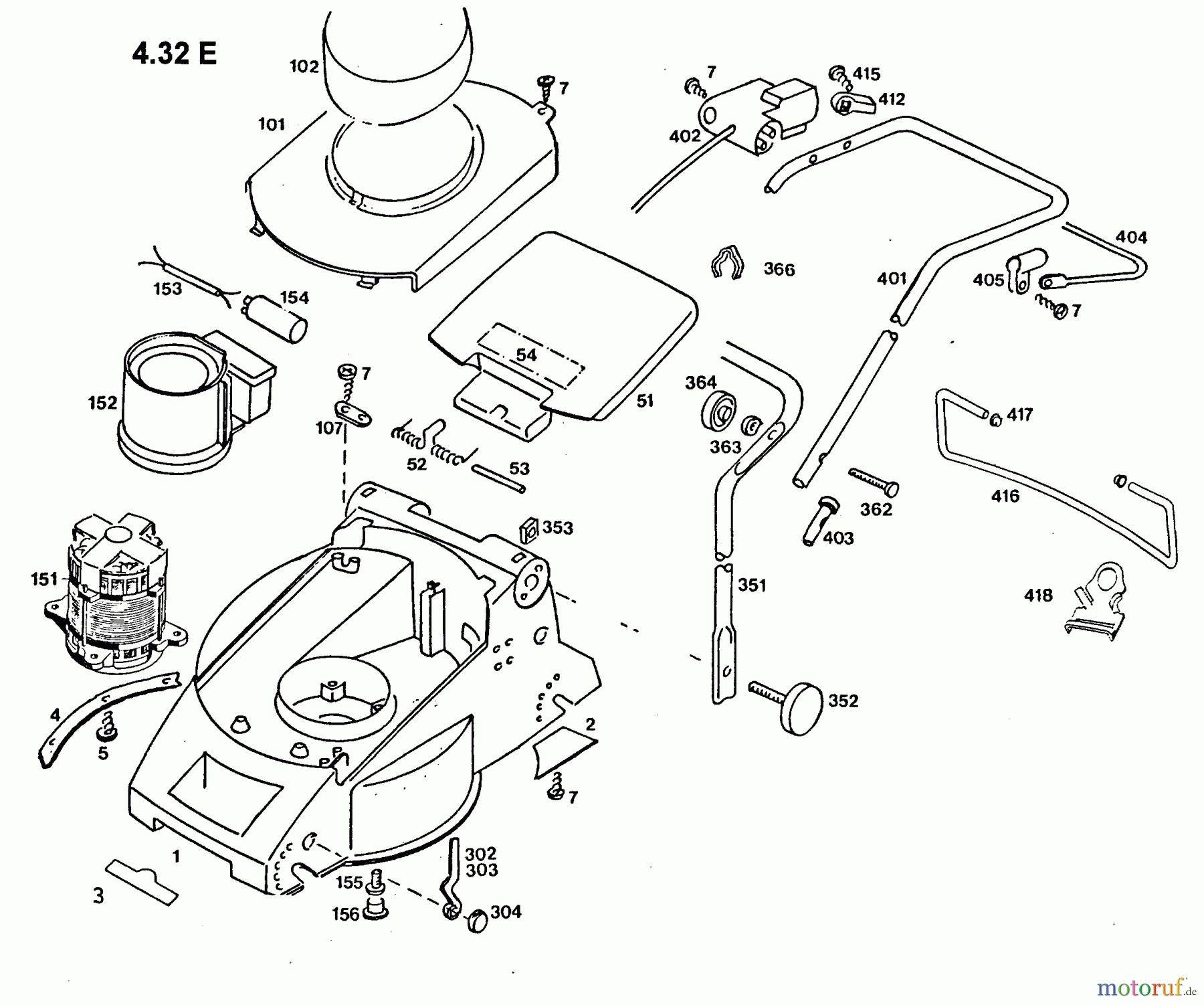  Wolf-Garten Elektromäher 4.32 E 4932001 Serie D, E  (1996) Elektromotor, Heckklappe, Holm