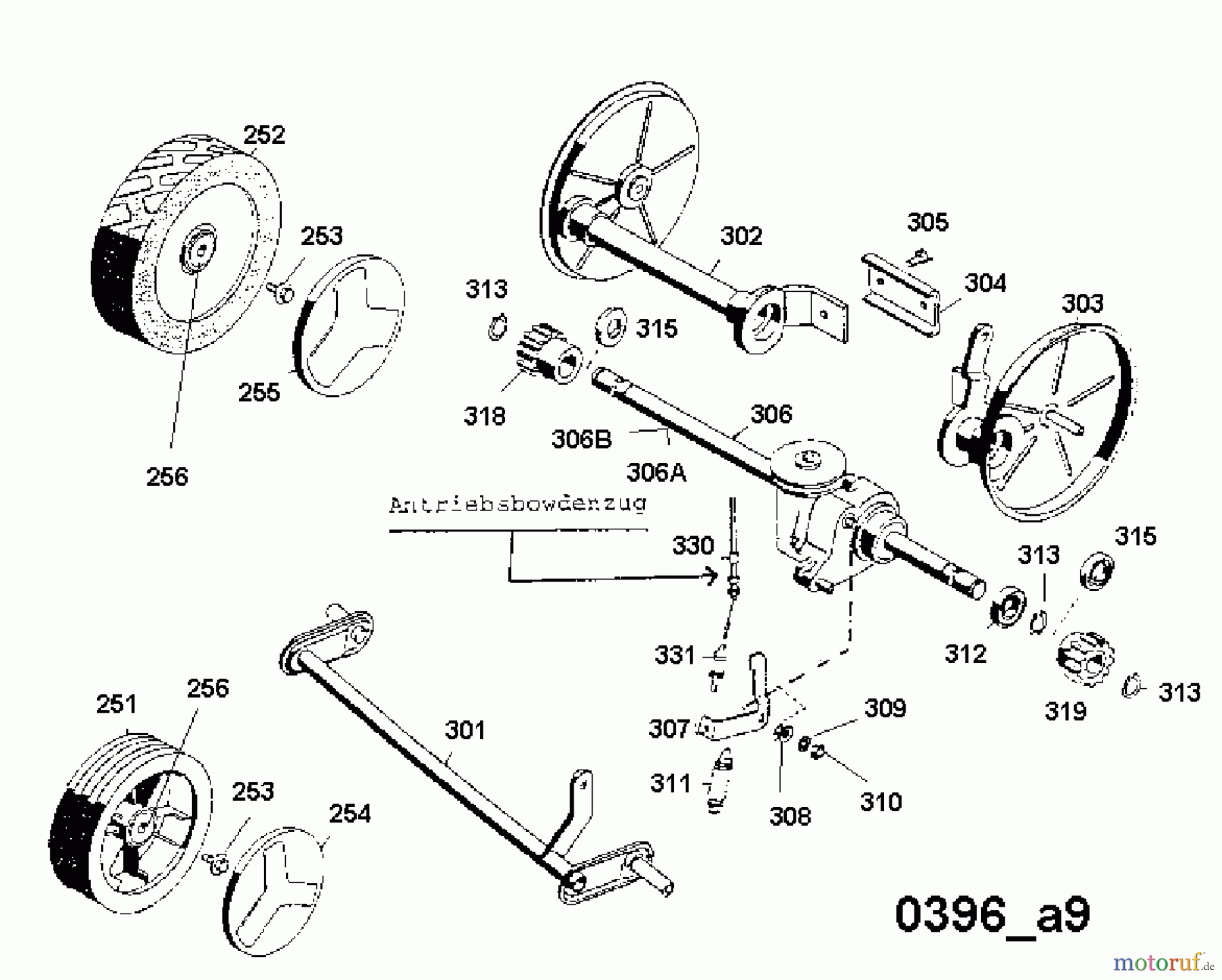  Wolf-Garten Elektromäher mit Antrieb 6.42 EA 4925083 Serie D  (1996) Getriebe, Räder