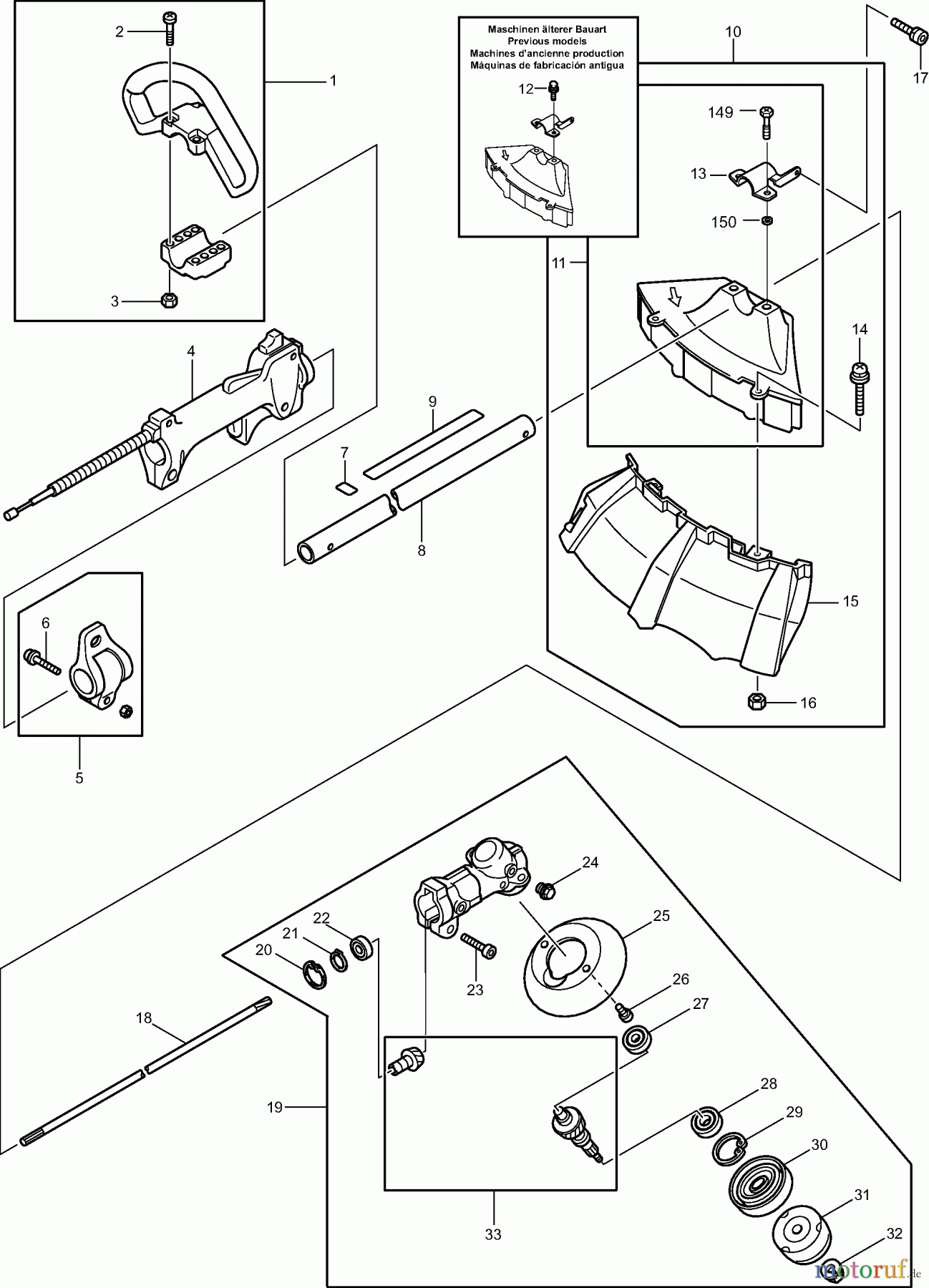 Dolmar Motorsensen & Trimmer Benzin 2-Takt MS-22 C (USA) 3 Hauptrohr, Griff, Schutzhaube, Getriebe