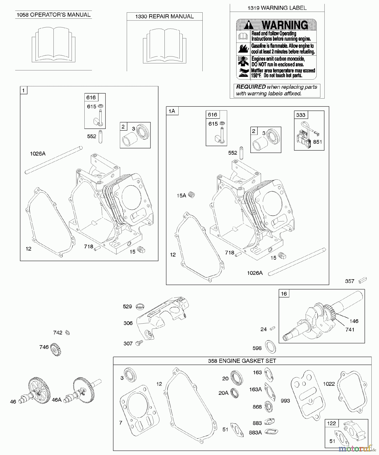  Viking Motoren B & S 11. . . 110412-0153-E1 D - Zylinder, Kurbelwelle, Motordichtungssatz