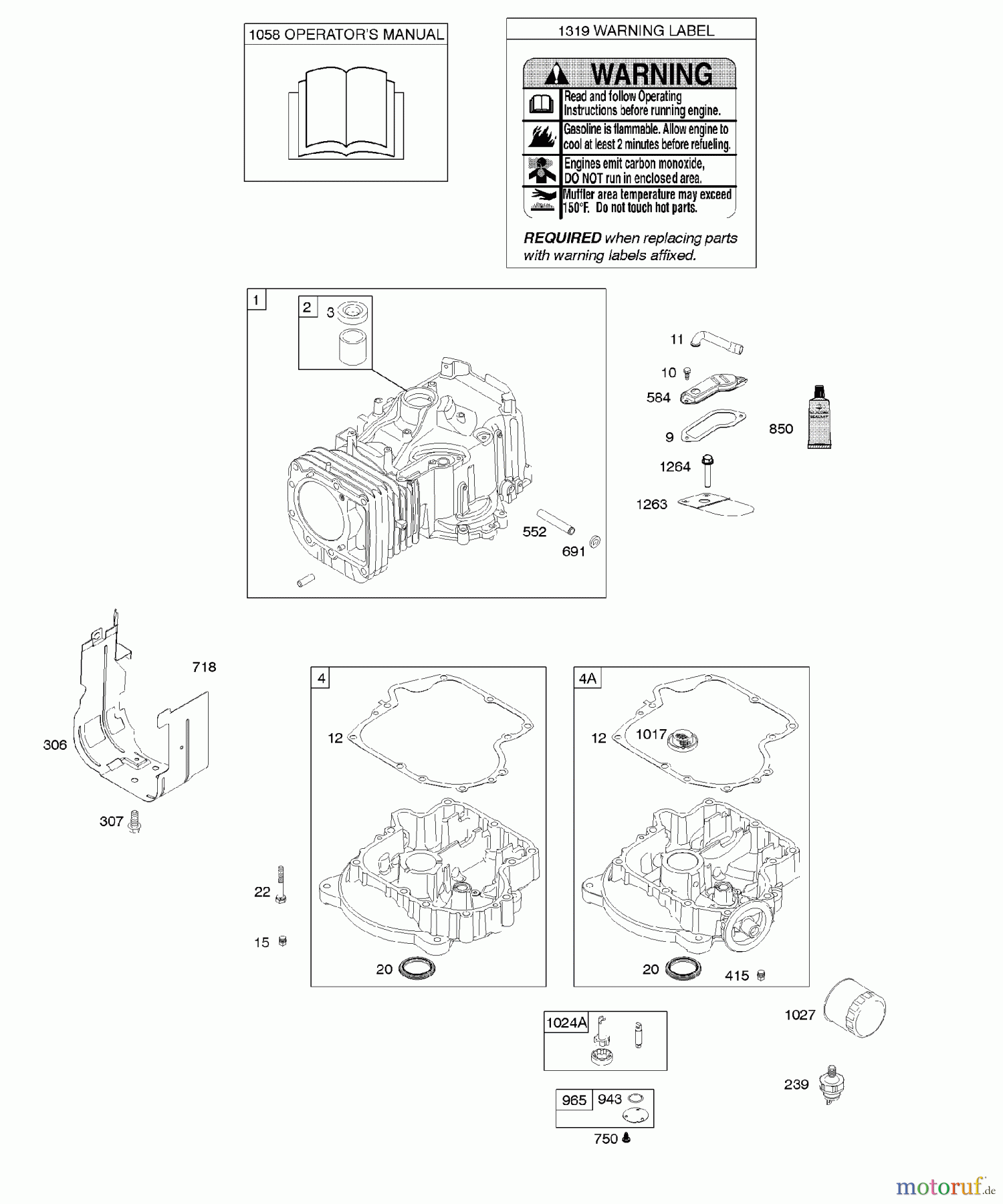  Viking Motoren B & S 21. . . 21A907-0146-E1 H - Zylinder, Motorsumpf, Bedienerhandbuch, Wa