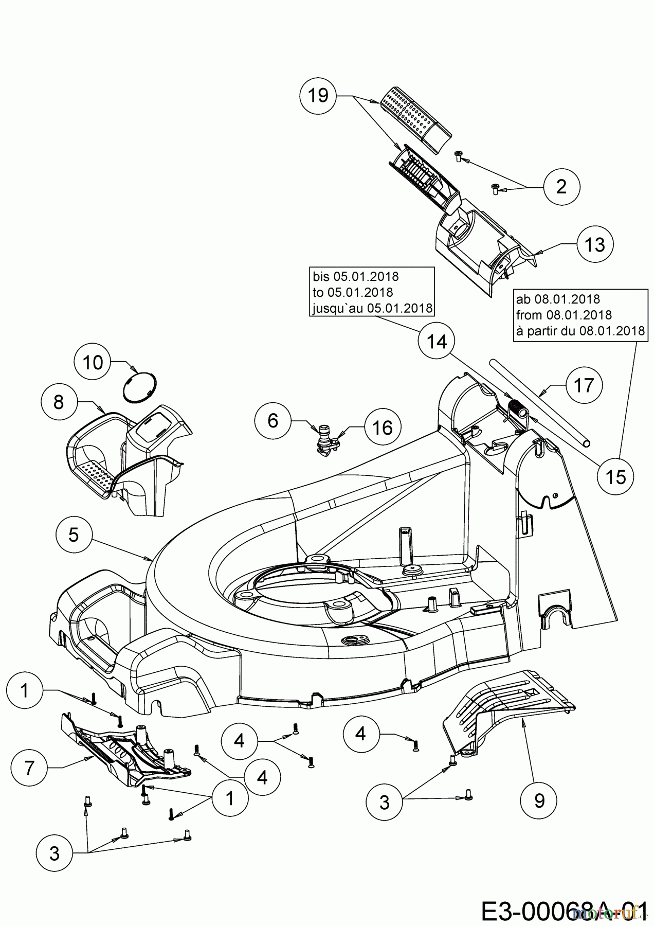  Wolf-Garten Motormäher mit Antrieb Expert 46 W ES SP 12ACYAS7650  (2018) Leitstück hinten, Mähwerksgehäuse, Stange für Heckklappe, Seitenverkleidungen