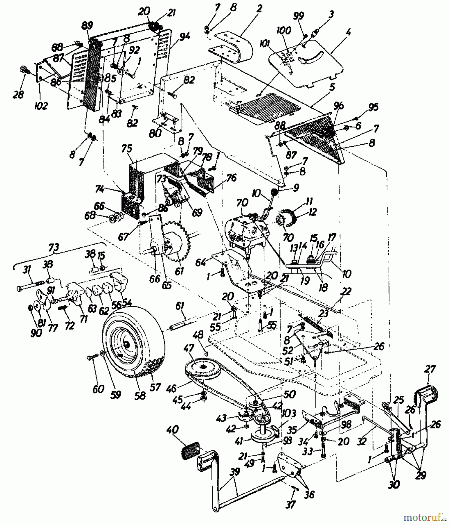  Columbia Rasentraktoren RD 10/660 SL 136-5290  (1986) Fahrantrieb, Motorkeilriemenscheibe, Pedal, Räder hinten