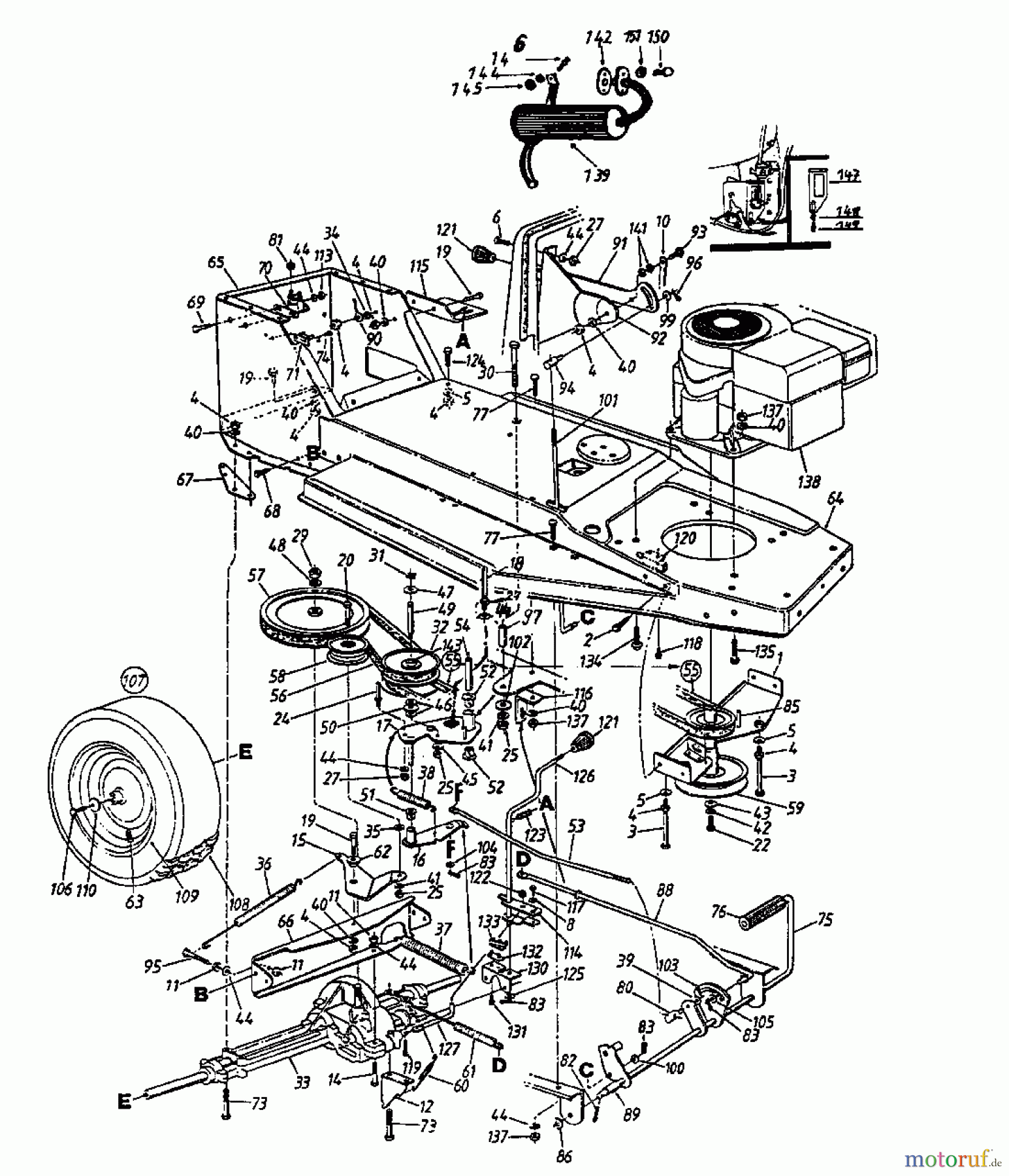  Columbia Rasentraktoren 111/810 131-337D  (1991) Fahrantrieb, Motorkeilriemenscheibe, Pedal, Räder hinten