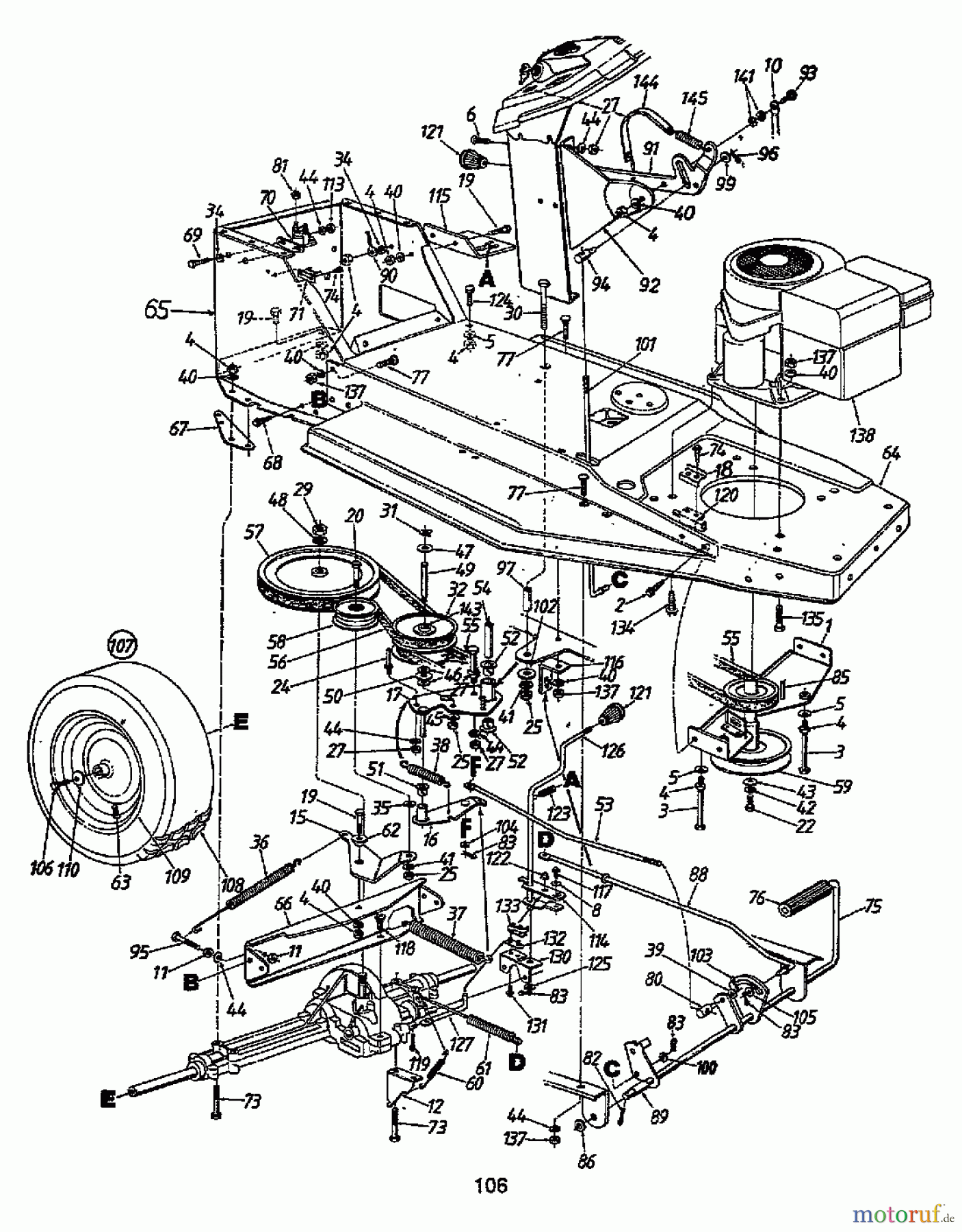  Mastercut Rasentraktoren 12/91 132-450E657  (1992) Fahrantrieb, Motorkeilriemenscheibe, Pedal, Räder hinten