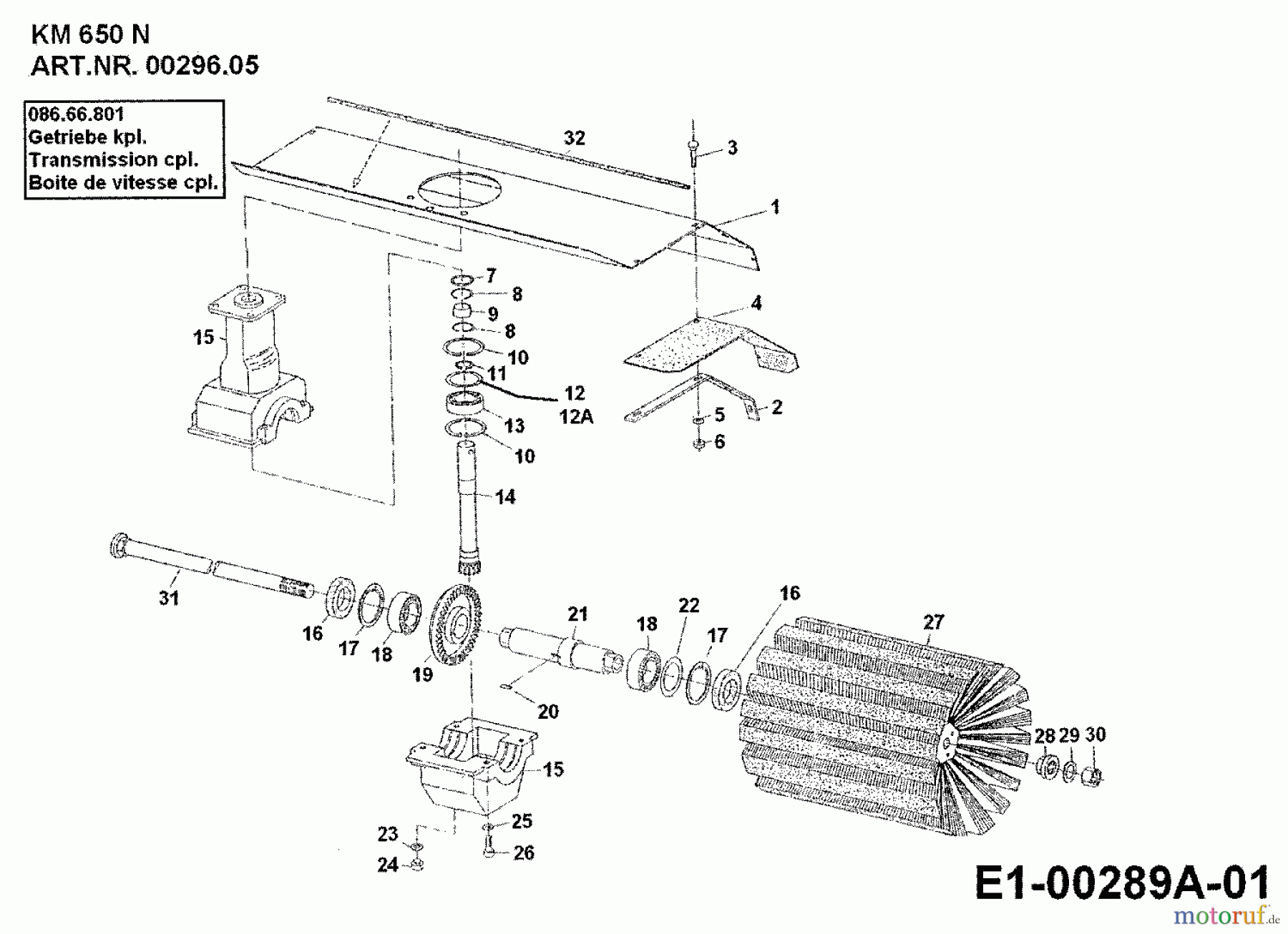  MTD Zubehör Zubehör Einachser Frontkehrmaschine KM 650 N für 550-750 00296.05  (1992) Getriebe, Kehrwalze