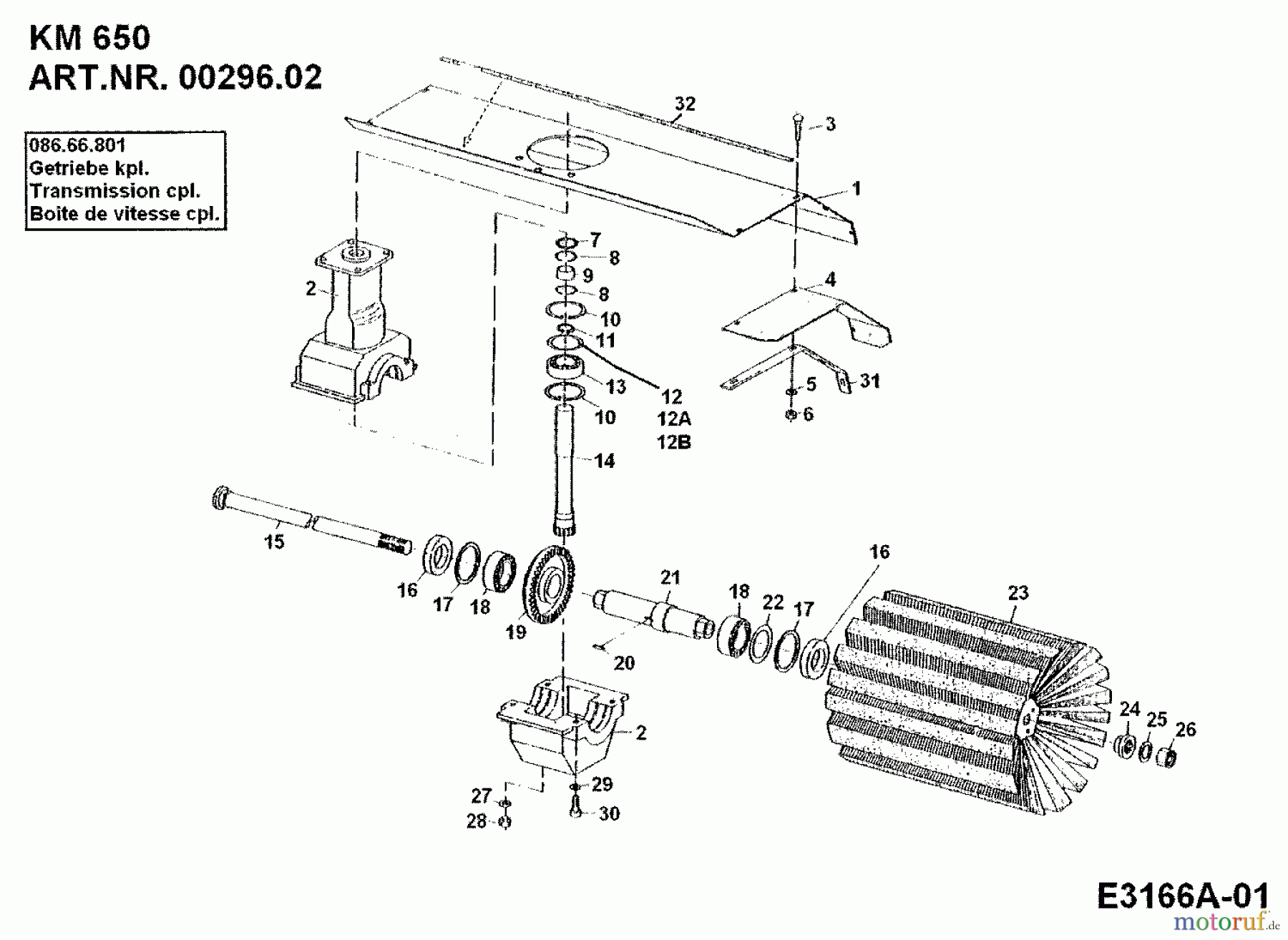  MTD Zubehör Zubehör Einachser Frontkehrmaschine KM 650 für 550-750 00296.02  (1989) Getriebe, Kehrwalze