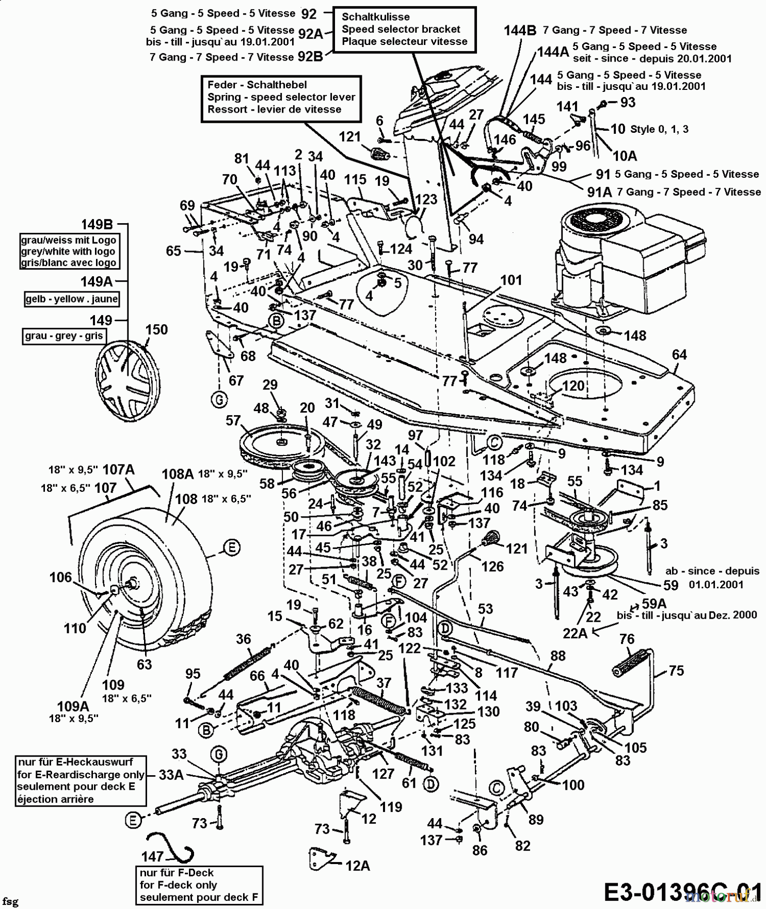  Mastercut Rasentraktoren RH 115 13AB450C659  (1999) Fahrantrieb, Motorkeilriemenscheibe, Pedal, Räder hinten