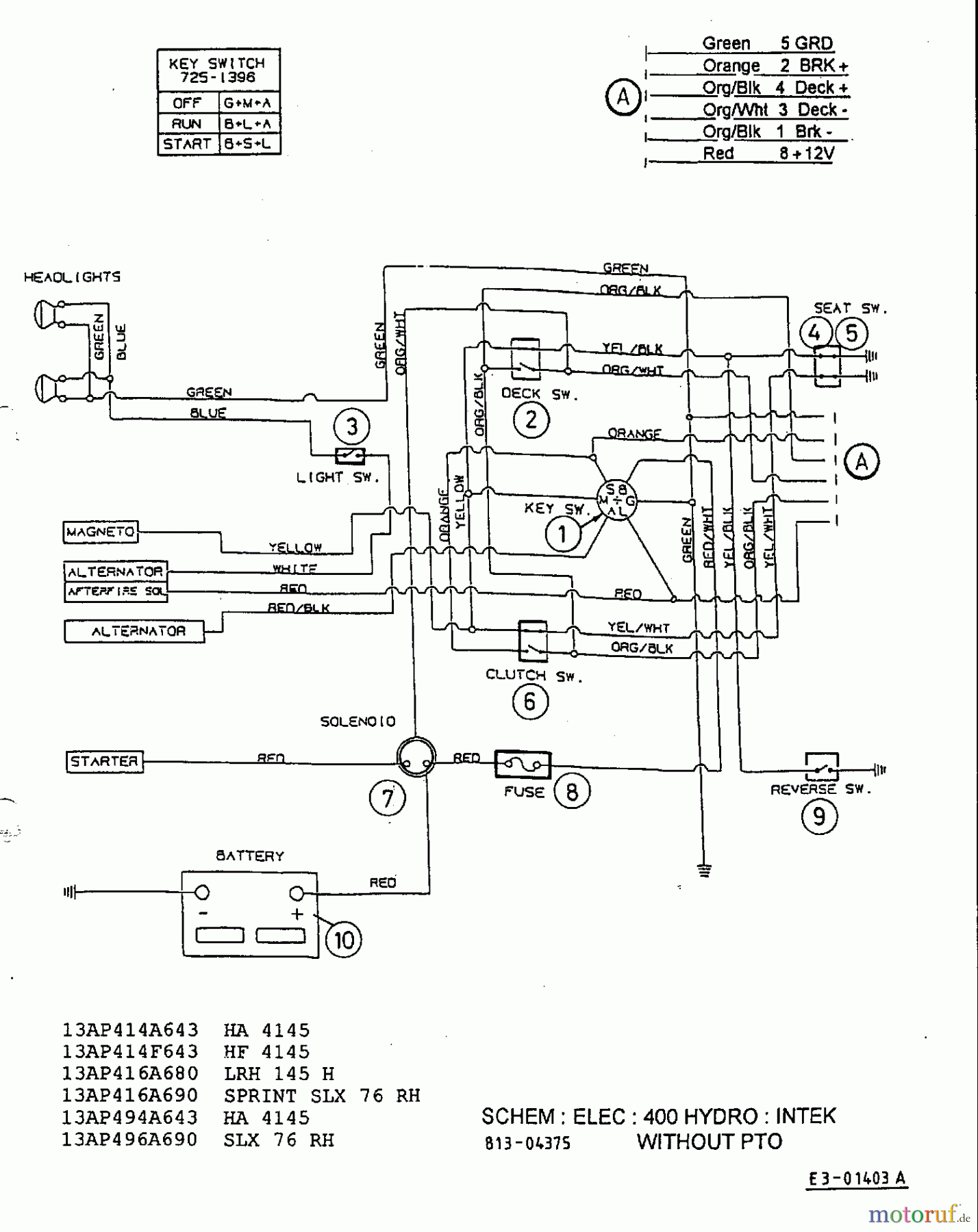  MTD ältere Modelle Rasentraktoren H 145 13AP418F678  (2003) Schaltplan Intek ohne Elektromagnetkupplung