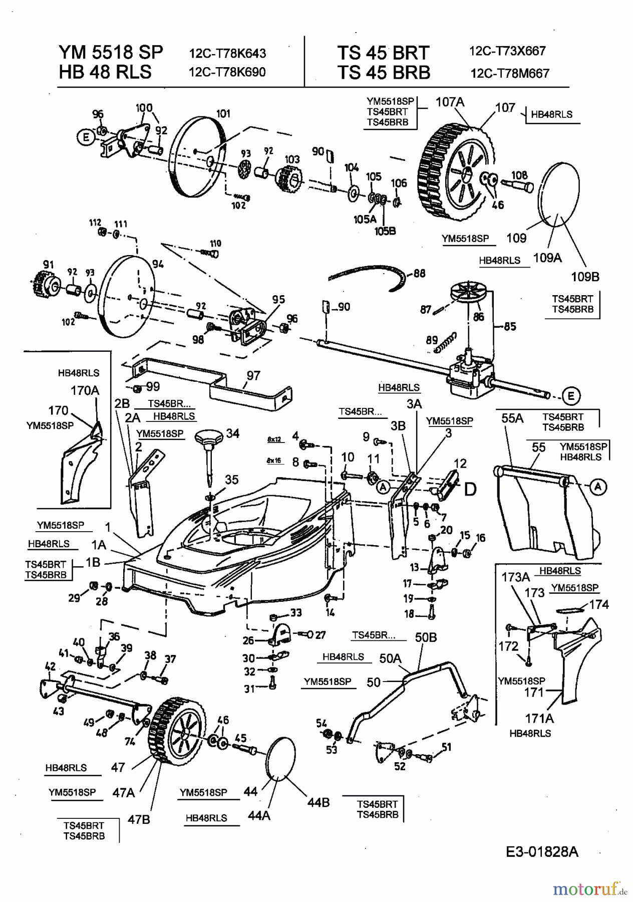  Gutbrod ältere Modelle Motormäher mit Antrieb HB 48 RLS 12C-T78K690  (2003) Getriebe, Räder, Schnitthöhenverstellung