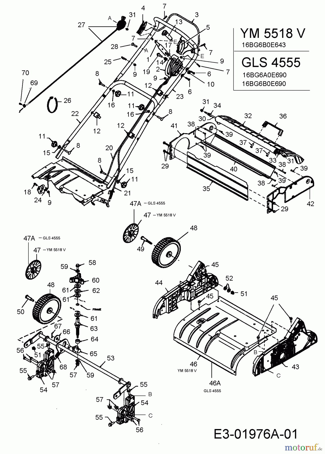  Yard-Man ältere Modelle Motorvertikutierer YM 5518 V 16BG6B0E643  (2005) Holm, Höhenverstellung, Räder