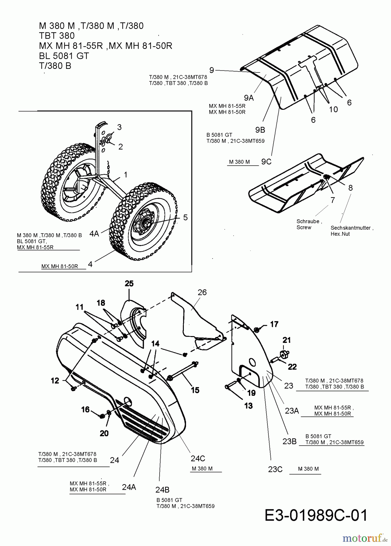  MTD ältere Modelle Motorhacken T/380 M 21C-38MT678  (2008) Keilriemenschutz, Räder, Schutzblech Hackwerk