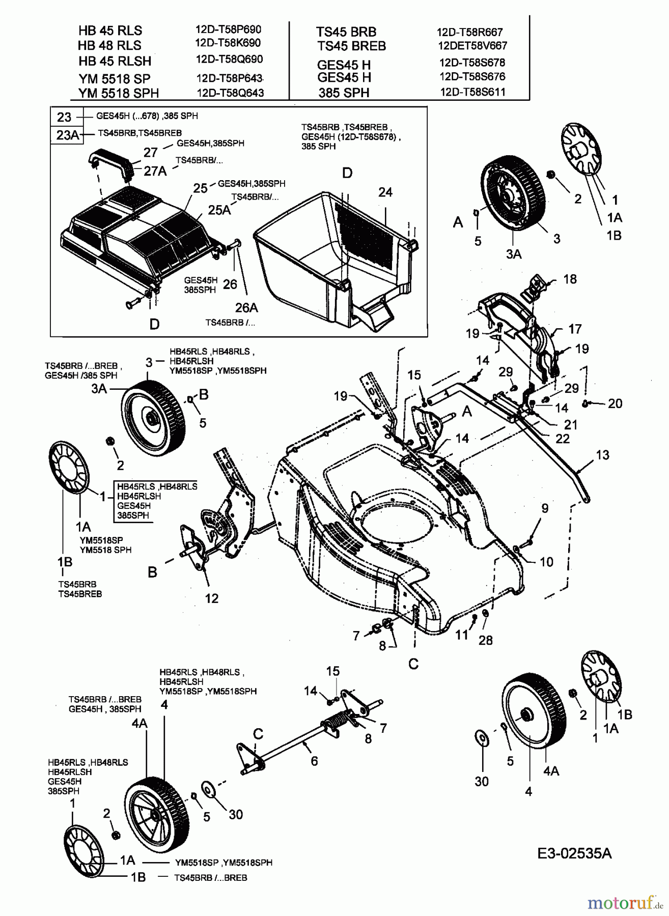  Turbo Silent Motormäher mit Antrieb TS 45 BR-B 12D-T58R667  (2005) Grasfangkorb, Räder, Schnitthöhenverstellung