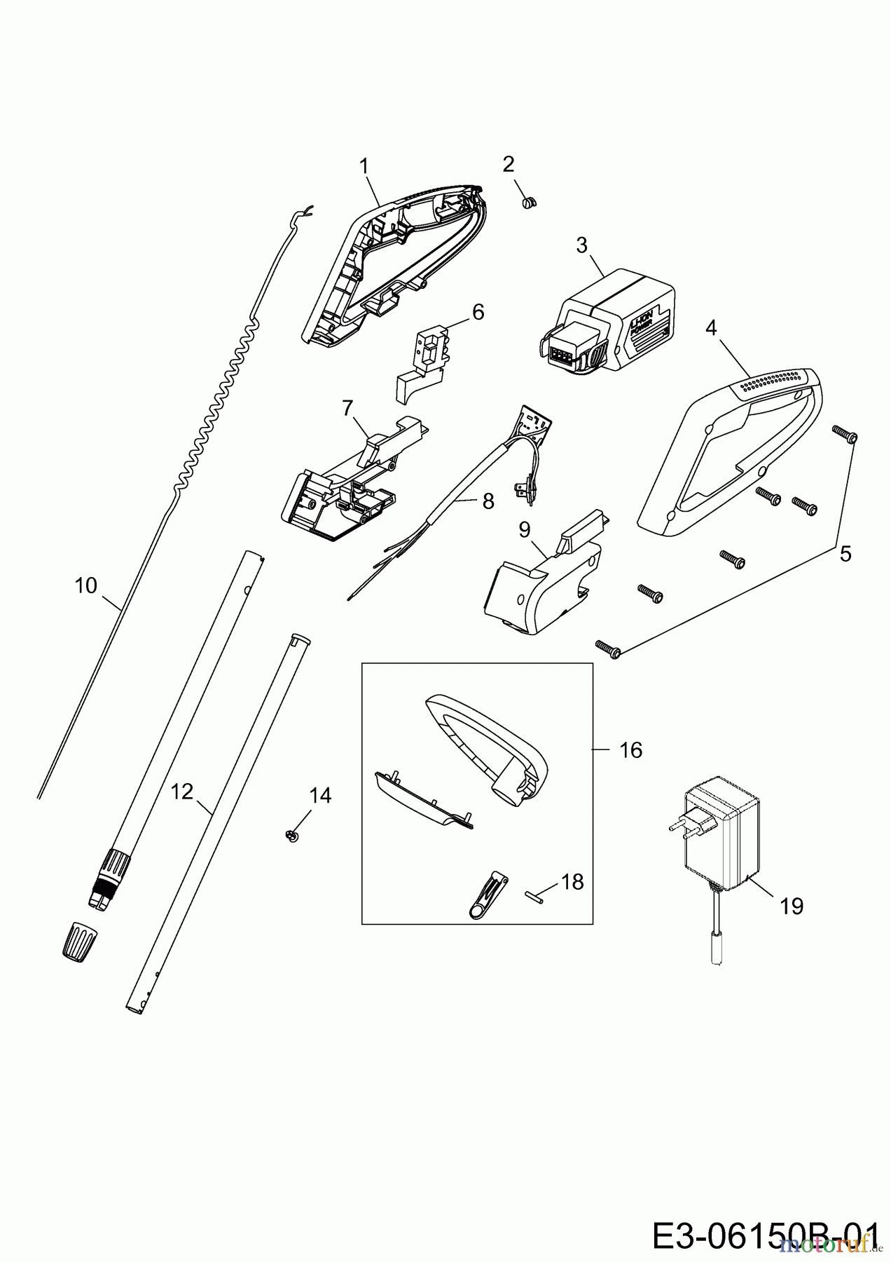  Wolf-Garten Akkutrimmer Li-Ion Power GT 815 7134880  (2012) Handgriff, Schalter, Stiel