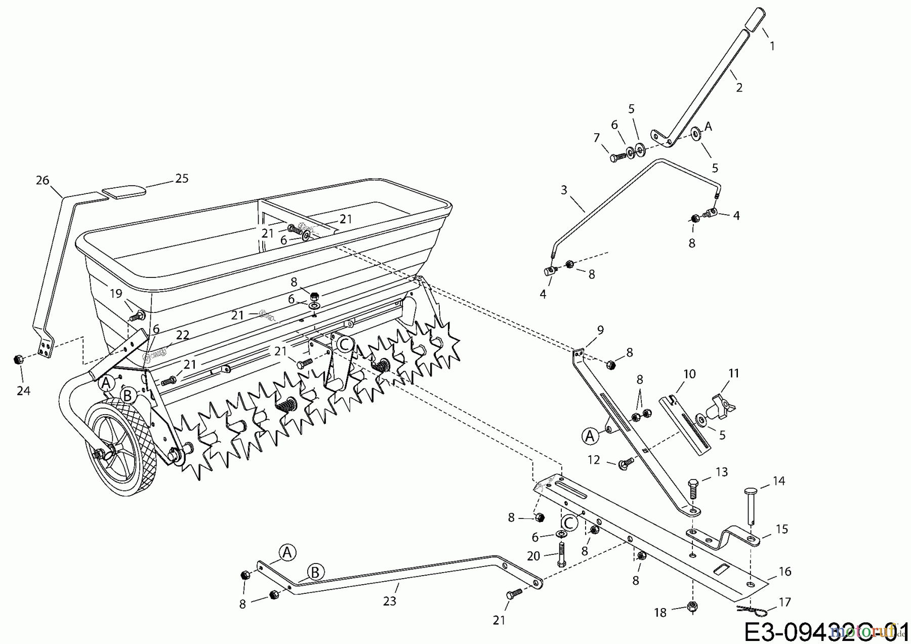  MTD Zubehör Zubehör Garten- und Rasentraktoren Rasenlüfter mit Streuer 45-03012  (196-064-000) 196-064-000  (2016) Grundgerät