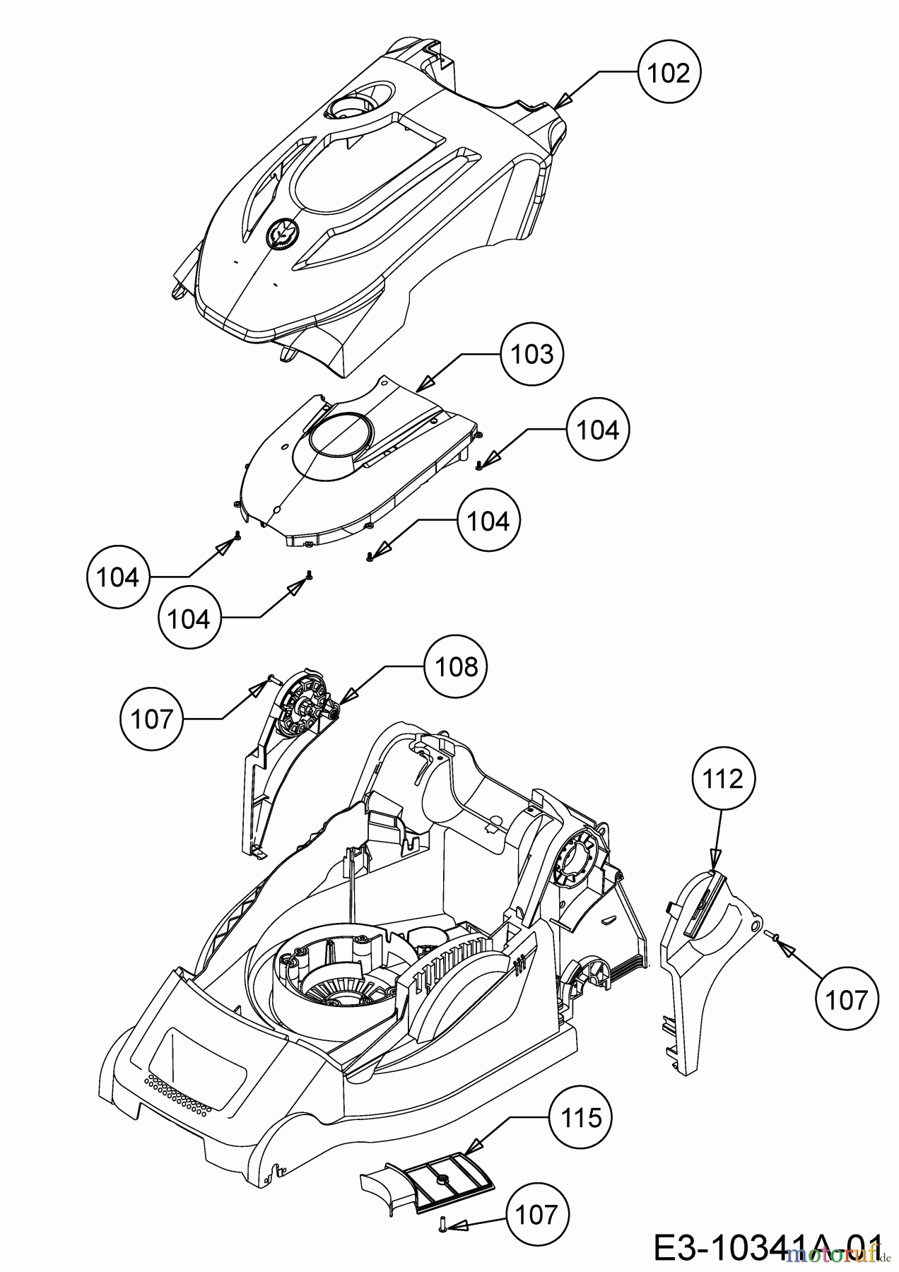  Wolf-Garten Elektromäher Blue Power 37 E 18AWG1Y1650  (2018) Abdeckungen seitlich, Keilriemenschutz, Motorhaube