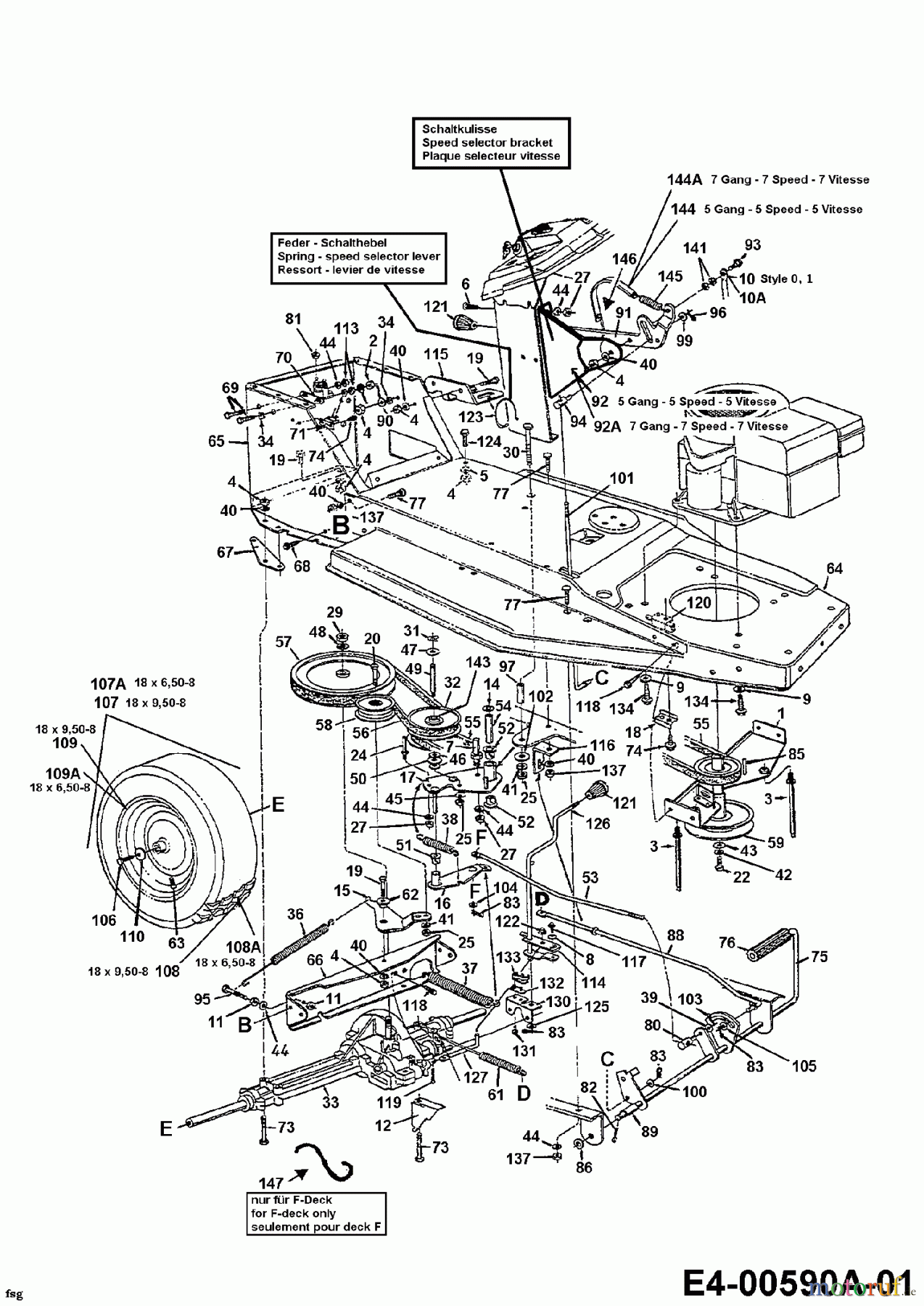 MTD Rasentraktoren B 10-1 13A145GD600  (1998) Fahrantrieb, Motorkeilriemenscheibe, Pedal, Räder hinten