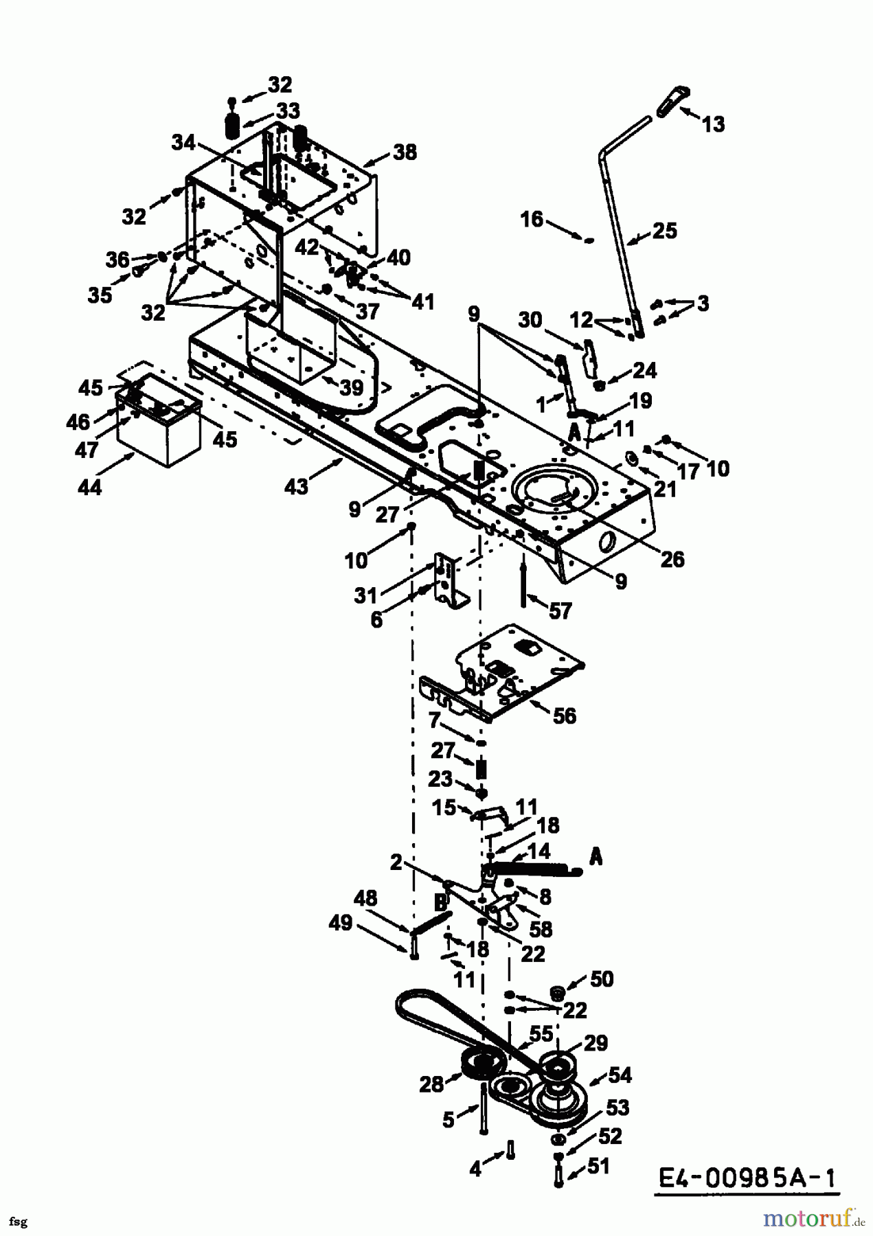  Yard-Man ältere Modelle Rasentraktoren AG 6145 13BP604G643  (2001) Batterie, Mähantrieb, Motorkeilriemenscheibe