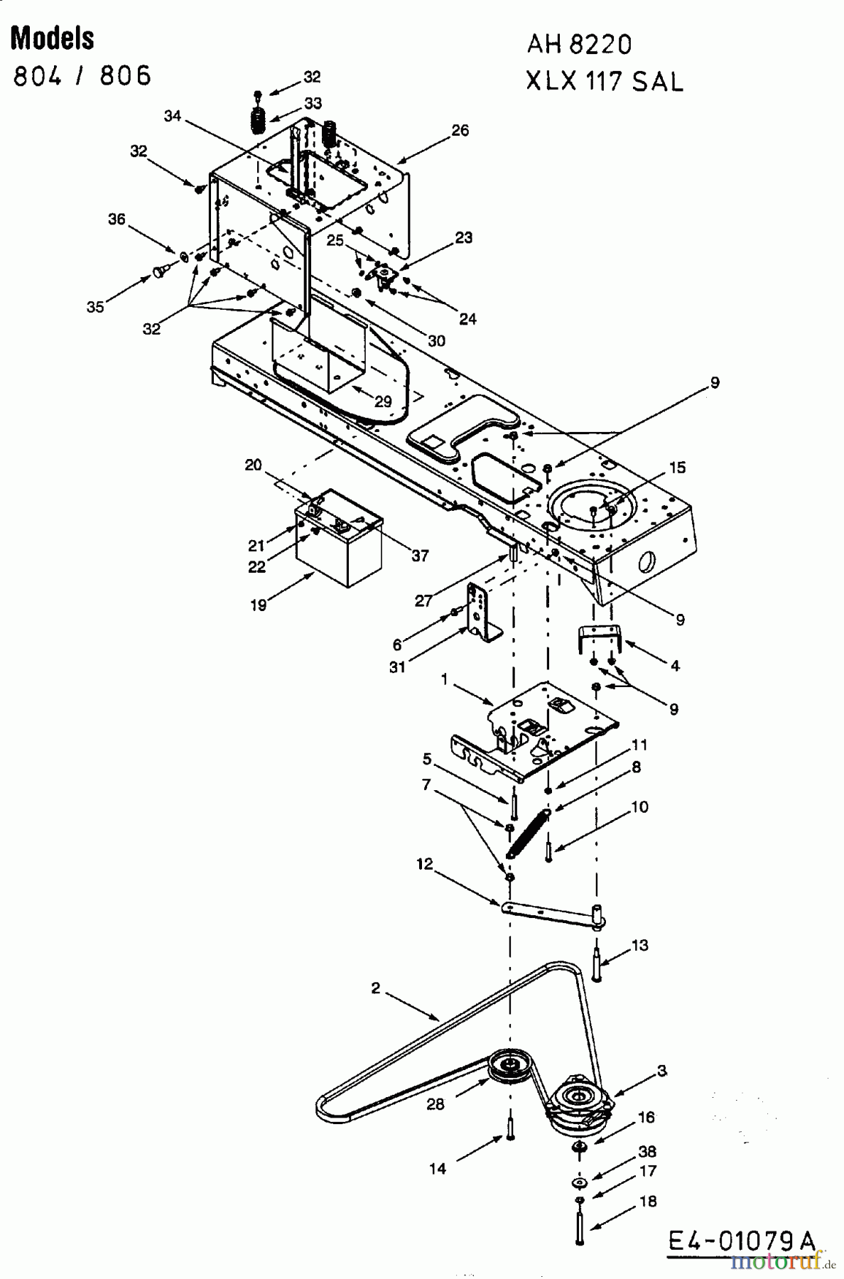  Yard-Man ältere Modelle Gartentraktoren AH 8220 14BU804H643  (2003) Batterie, Elektromagnetkupplung, Rahmen