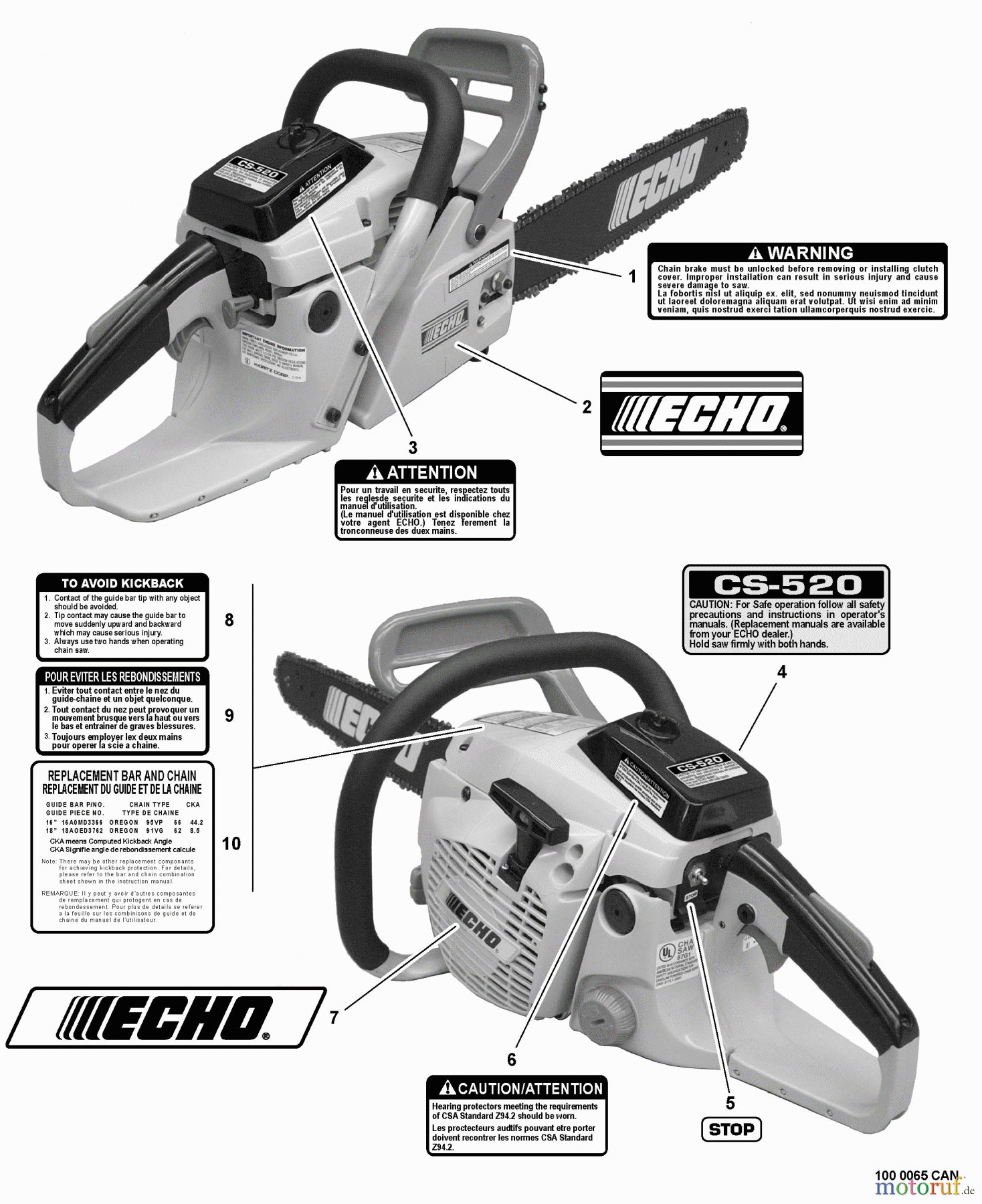  Echo Sägen, Kettensägen CS-520 - Echo Chainsaw, S/N: C07113001001 - C07113999999 Labels