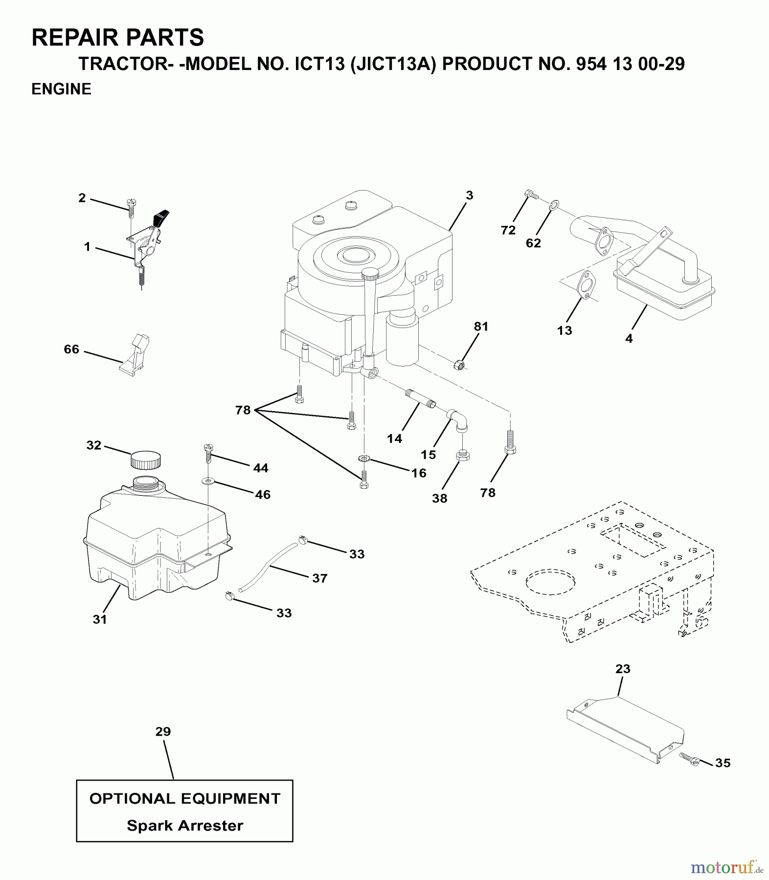  Jonsered Rasen  und Garten Traktoren ICT13 (JICT13A, 954130029) - Jonsered Lawn & Garden Tractor (1999-03) ENGINE CUTTING EQUIPMENT