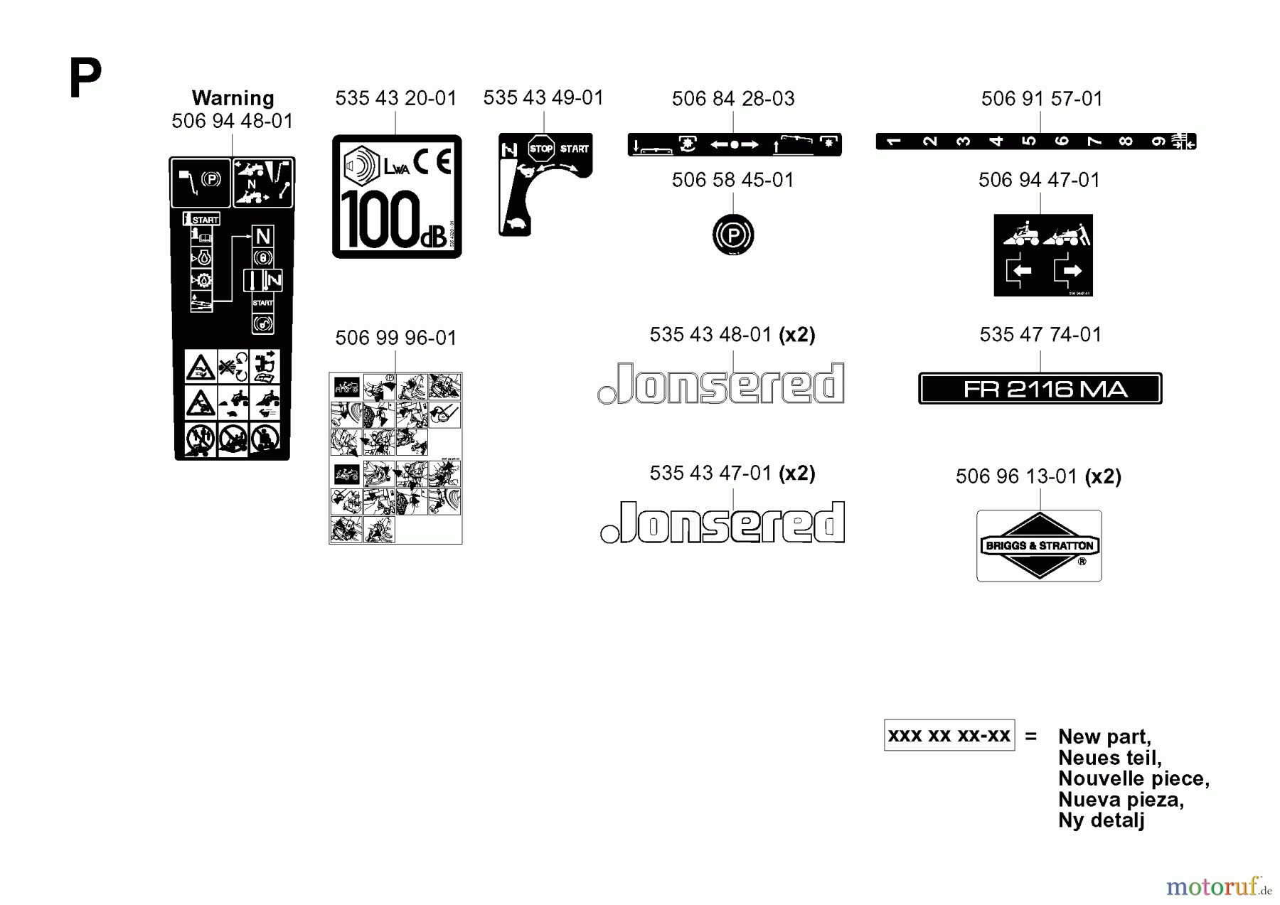  Jonsered Reitermäher FR2116 MA (953535401) - Jonsered Rear-Engine Riding Mower (2006-01) DECALS