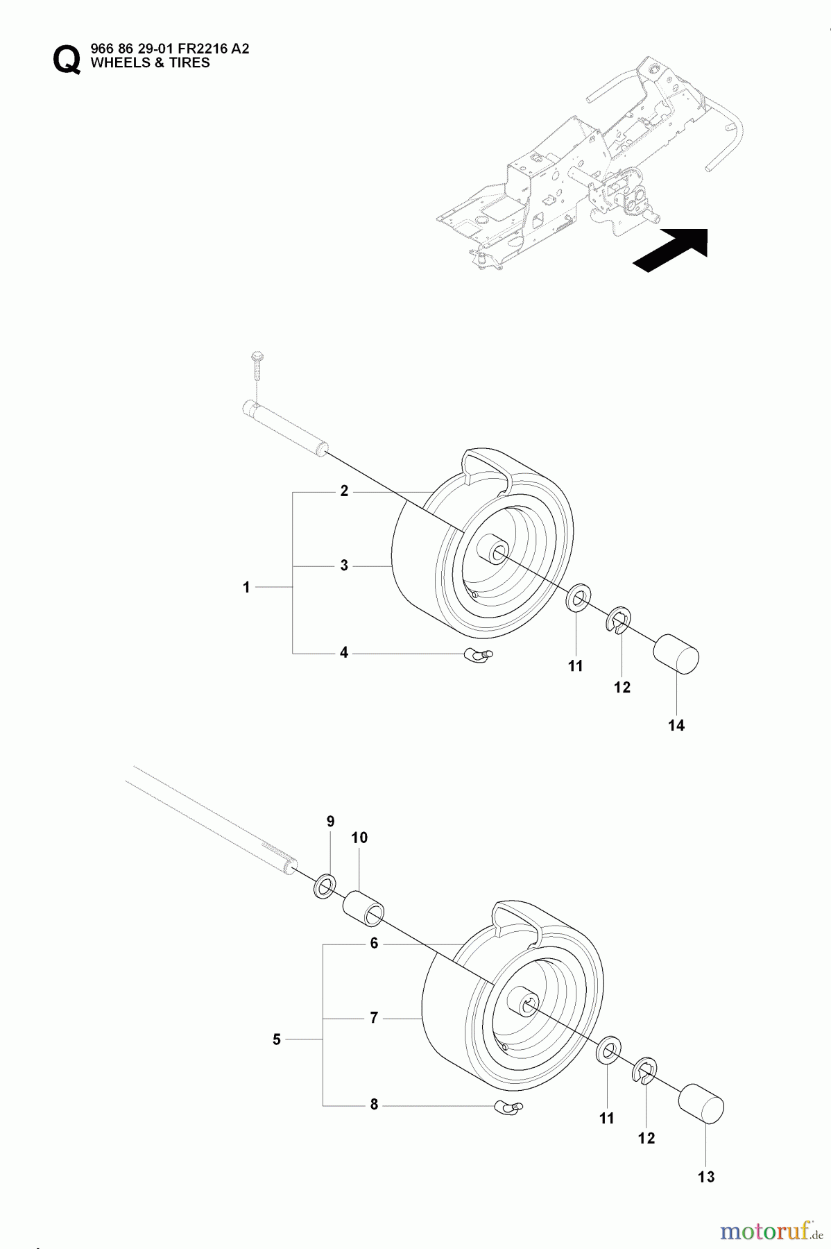  Jonsered Reitermäher FR2216 A2 (966862901) - Jonsered Rear-Engine Riding Mower (2008-01) WHEELS TIRES