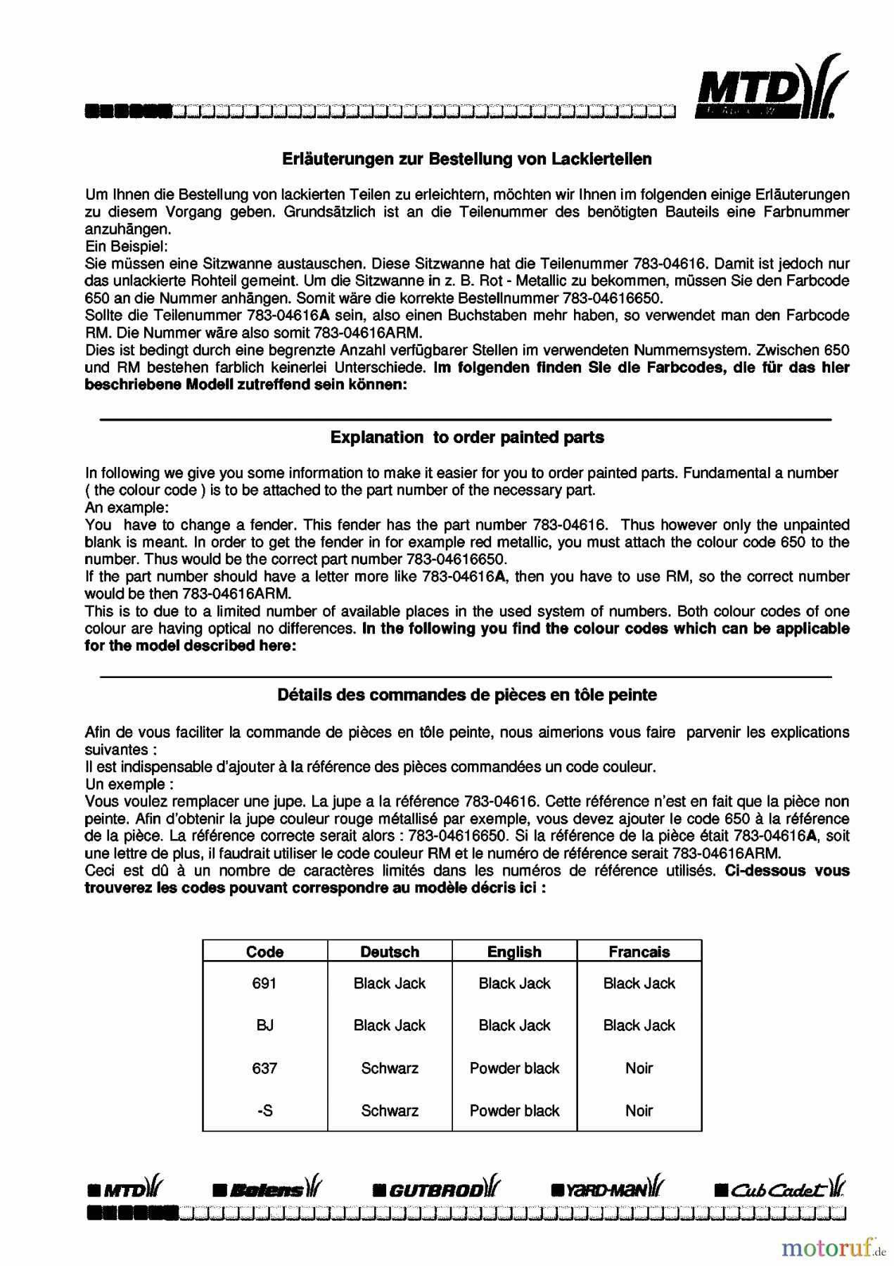  MTD ältere Modelle Rasentraktoren 200/107 13A7660G752  (2004) Farbcode Information