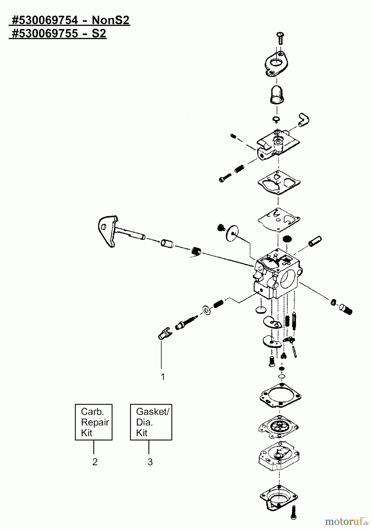  Poulan / Weed Eater Motorsensen, Trimmer TE400 - Weed Eater String Trimmer Carburetor Assembly - P/N 530069754 (NonS2) P/N 530069755 (S2)