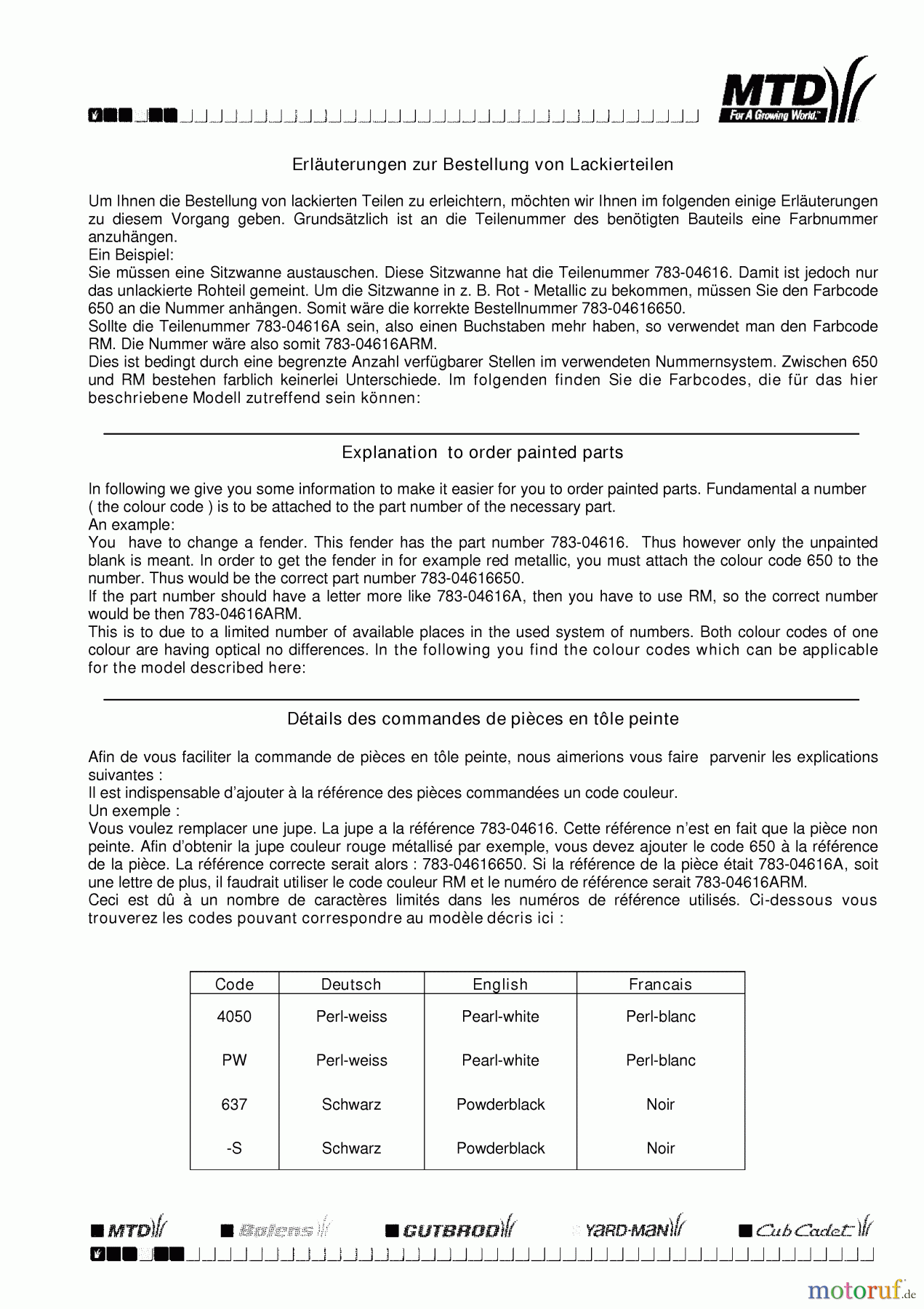  MTD ältere Modelle Rasentraktoren 130/92 H 13AH711E615  (2011) Farbcode Information