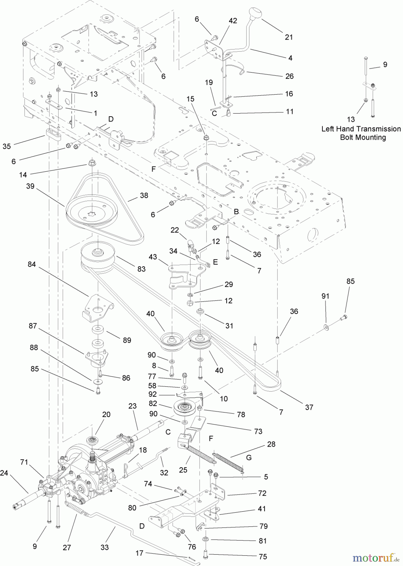  Toro Neu Mowers, Lawn & Garden Tractor Seite 1 13AP60RP744 (LX500) - Toro LX500 Lawn Tractor, 2006 (1A096B50000-) TRANSMISSION, BELT AND PULLEY ASSEMBLY