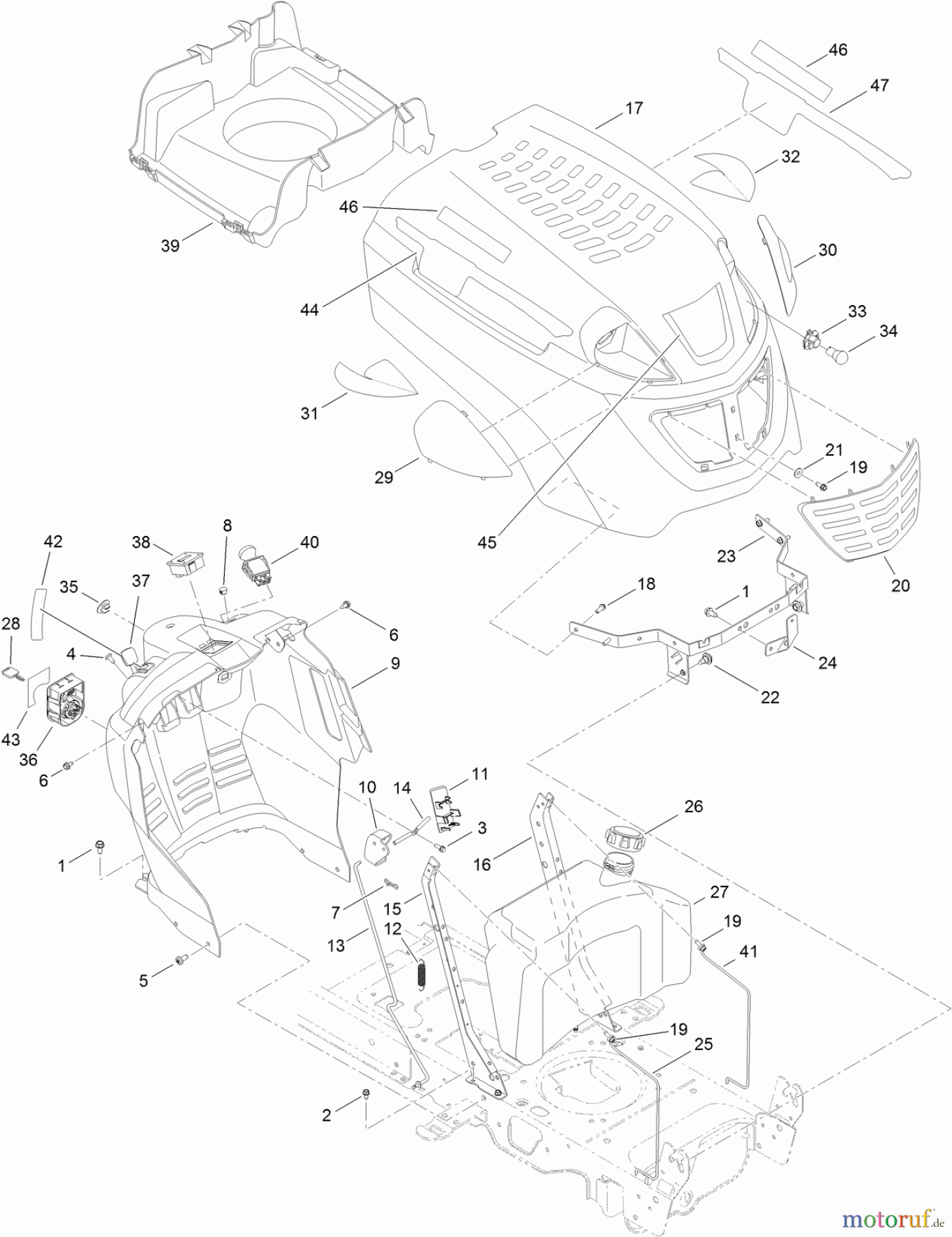  Toro Neu Mowers, Lawn & Garden Tractor Seite 1 13AP91RT848 (LX468) - Toro LX468 Lawn Tractor, 2011 (1-1) FUEL TANK, HOOD AND DASH ASSEMBLY