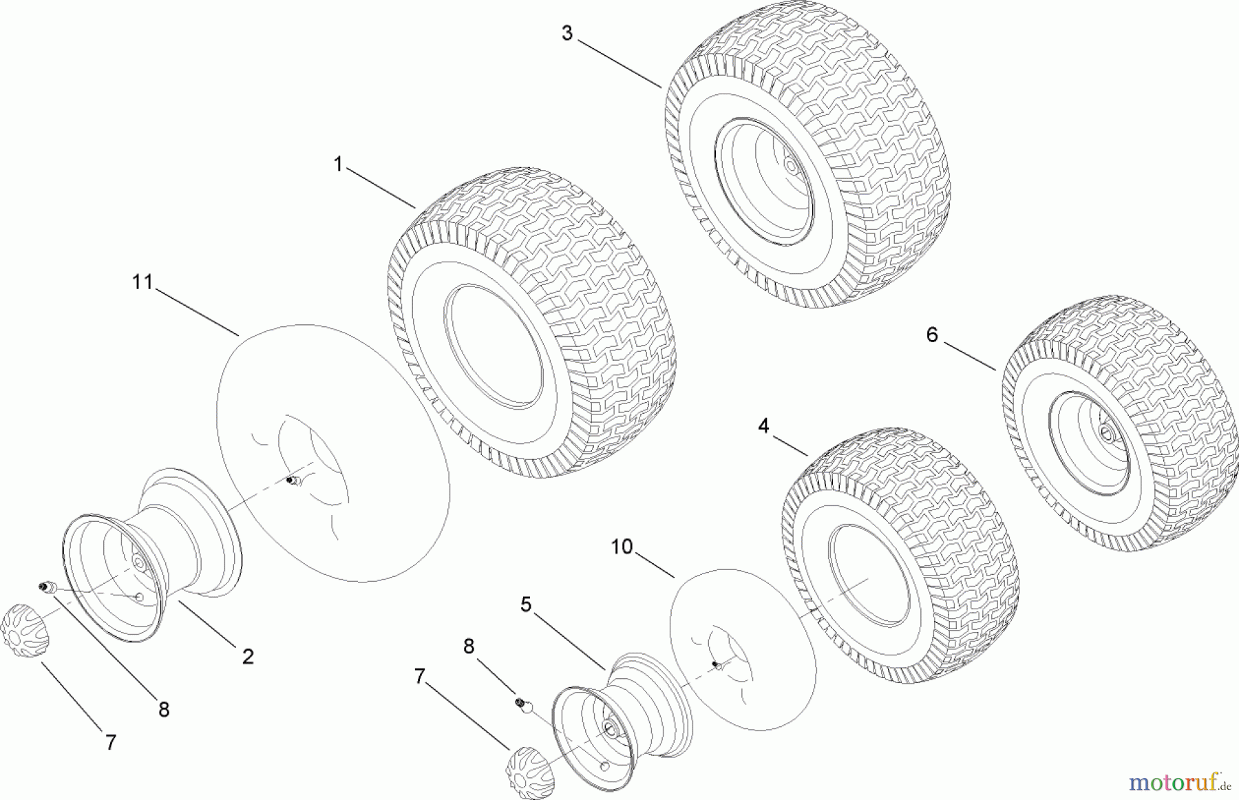  Toro Neu Mowers, Lawn & Garden Tractor Seite 1 13AX60RG544 (LX420) - Toro LX420 Lawn Tractor, 2006 (1L215B10000-) FRONT AND REAR WHEEL ASSEMBLY