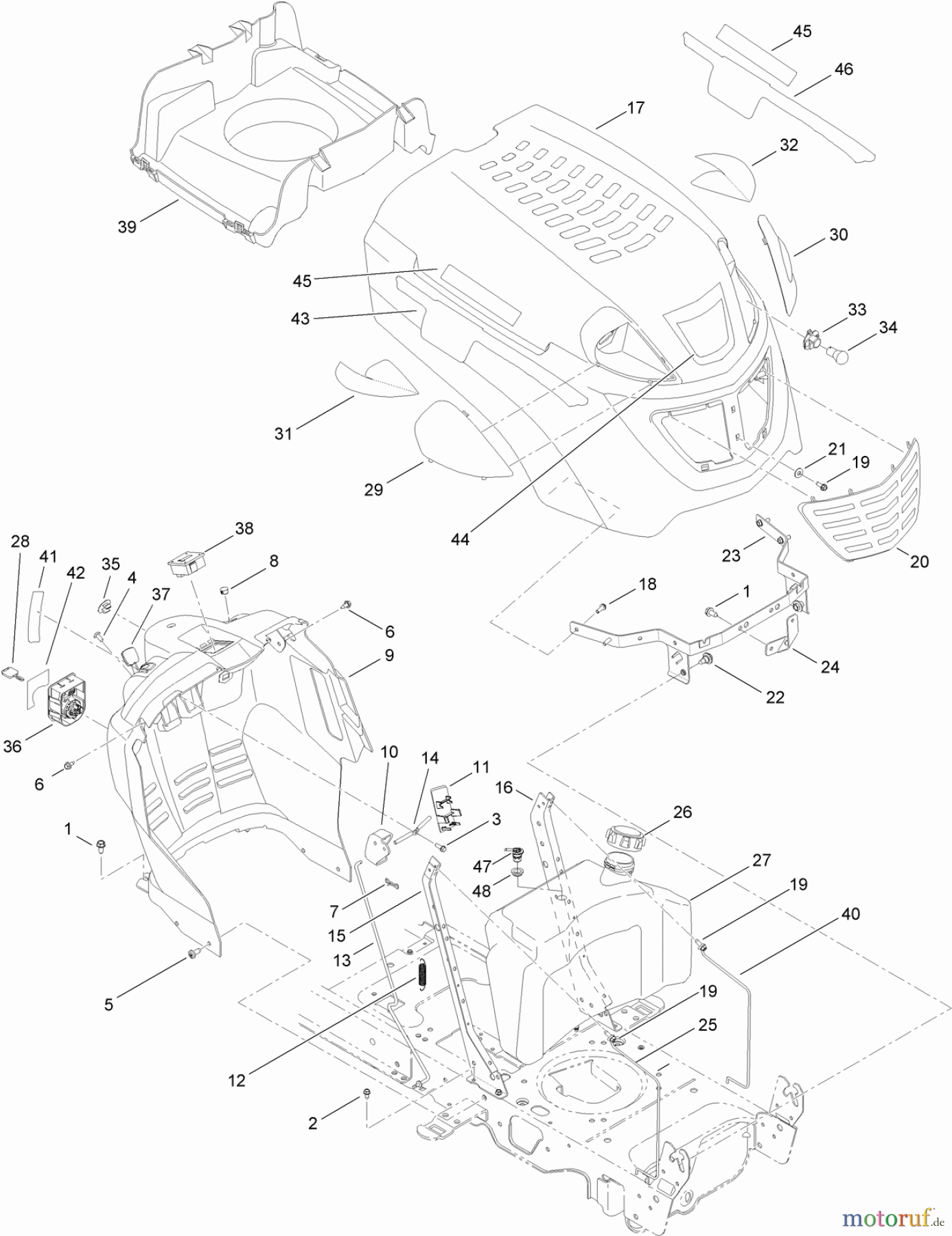  Toro Neu Mowers, Lawn & Garden Tractor Seite 1 13AX91RS848 (LX427) - Toro LX427 Lawn Tractor, 2012 (SN 1-1) FUEL TANK, HOOD AND DASH ASSEMBLY