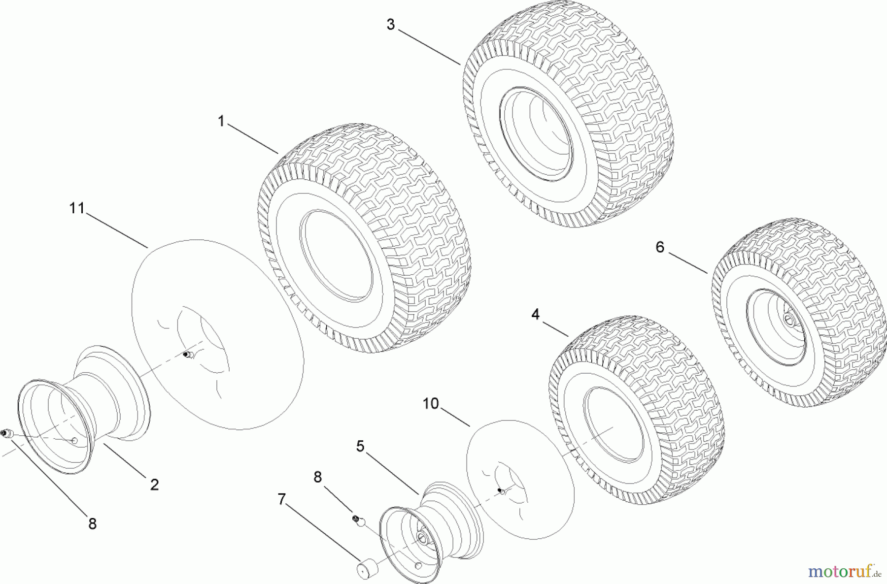  Toro Neu Mowers, Lawn & Garden Tractor Seite 1 13BX60RG744 (LX425) - Toro LX425 Lawn Tractor, 2007 (SN 1C307H10418-) FRONT AND REAR WHEEL ASSEMBLY