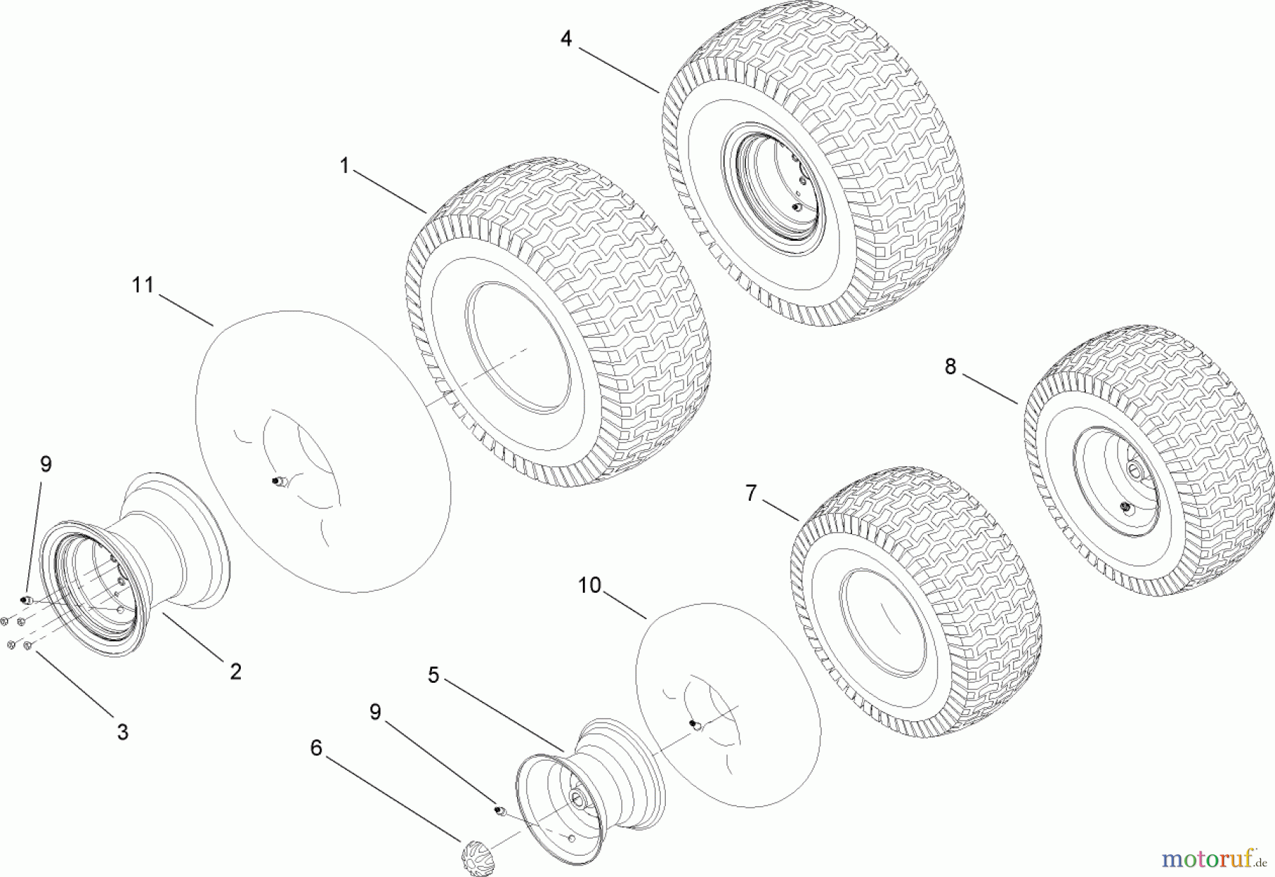  Toro Neu Mowers, Lawn & Garden Tractor Seite 1 14AQ81RP544 (GT2200) - Toro GT2200 Garden Tractor, 2006 (1A136H30000-) FRONT AND REAR WHEEL ASSEMBLY