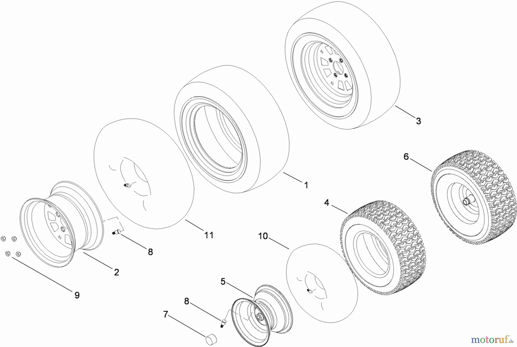  Toro Neu Mowers, Lawn & Garden Tractor Seite 1 14AQ81RP848 (GT2200) - Toro GT2200 Garden Tractor, 2009 (1-1) FRONT AND REAR WHEEL ASSEMBLY