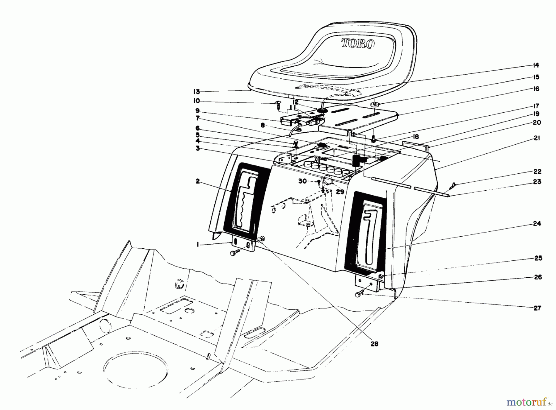  Toro Neu Mowers, Lawn & Garden Tractor Seite 1 57357 (11-44) - Toro 11-44 Lawn Tractor, 1984 (4000001-4999999) REAR BODY & SEAT ASSEMBLY