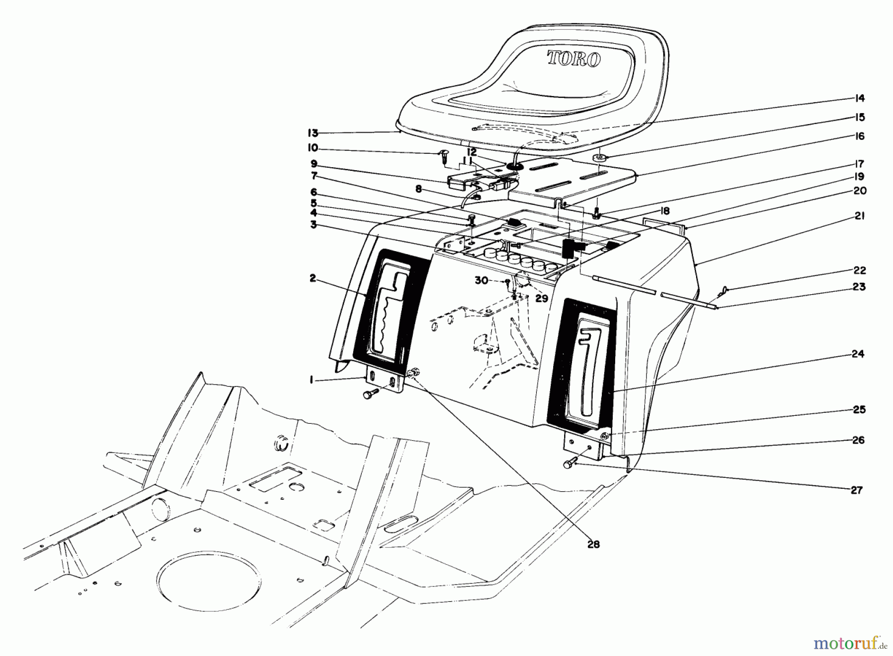  Toro Neu Mowers, Lawn & Garden Tractor Seite 1 57357 (11-44) - Toro 11-44 Lawn Tractor, 1985 (5000001-5999999) REAR BODY & SEAT ASSEMBLY