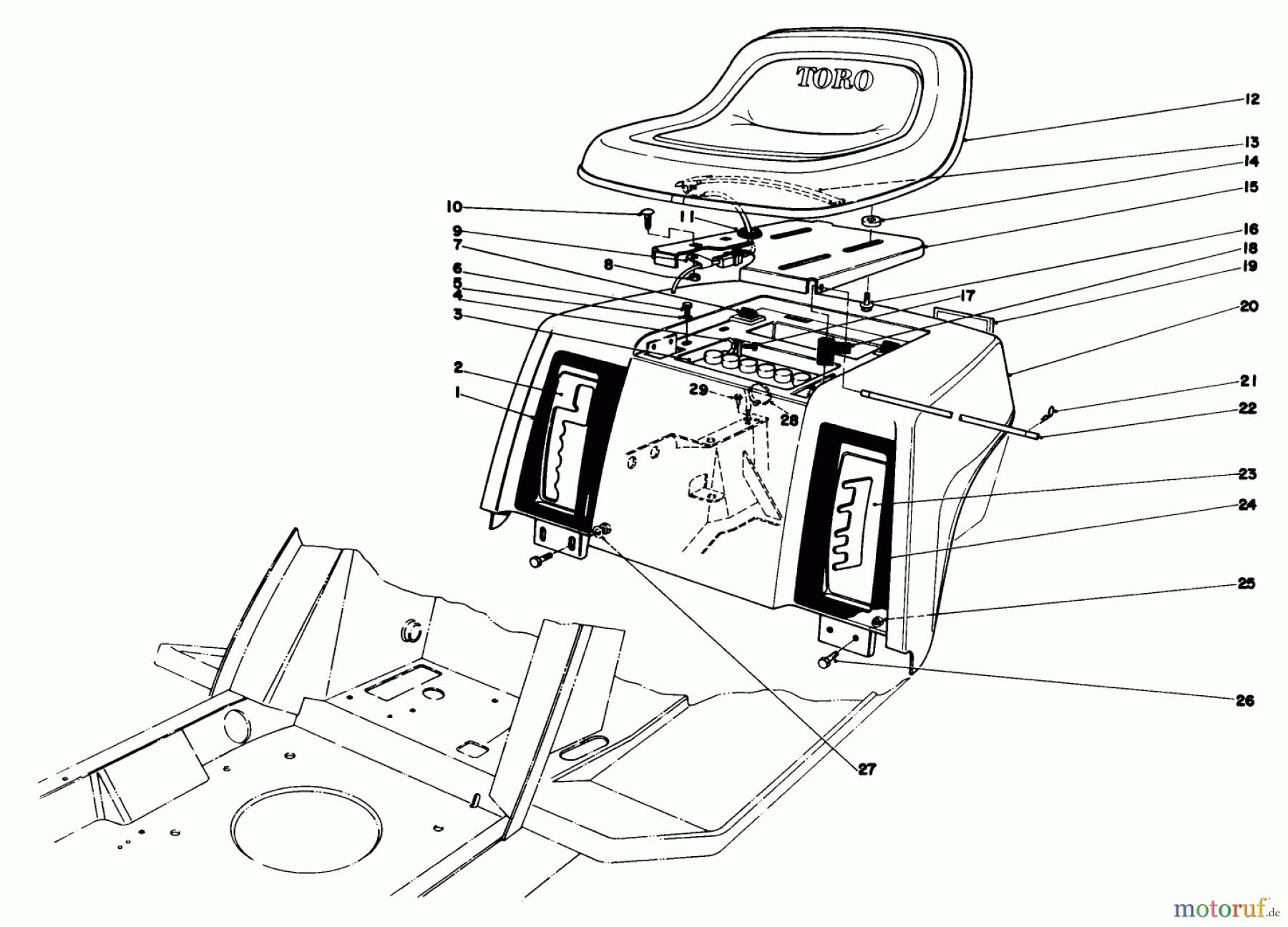  Toro Neu Mowers, Lawn & Garden Tractor Seite 1 57360 (11-32) - Toro 11-32 Lawn Tractor, 1986 (6000001-6999999) REAR BODY & SEAT ASSEMBLY